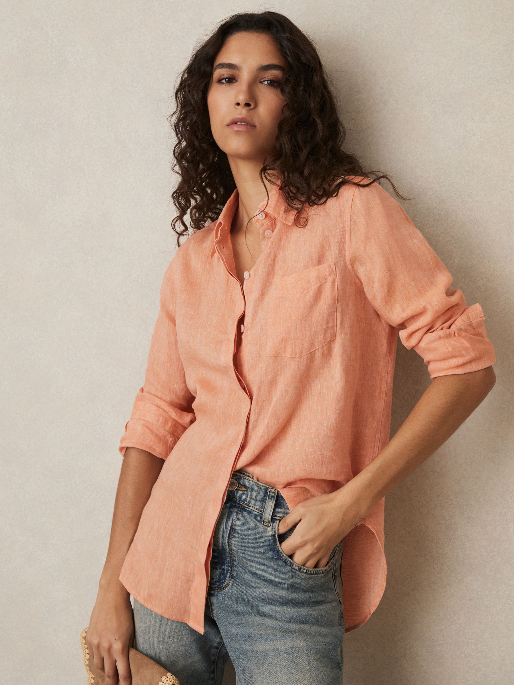 Linen Button-Through Shirt in Orange