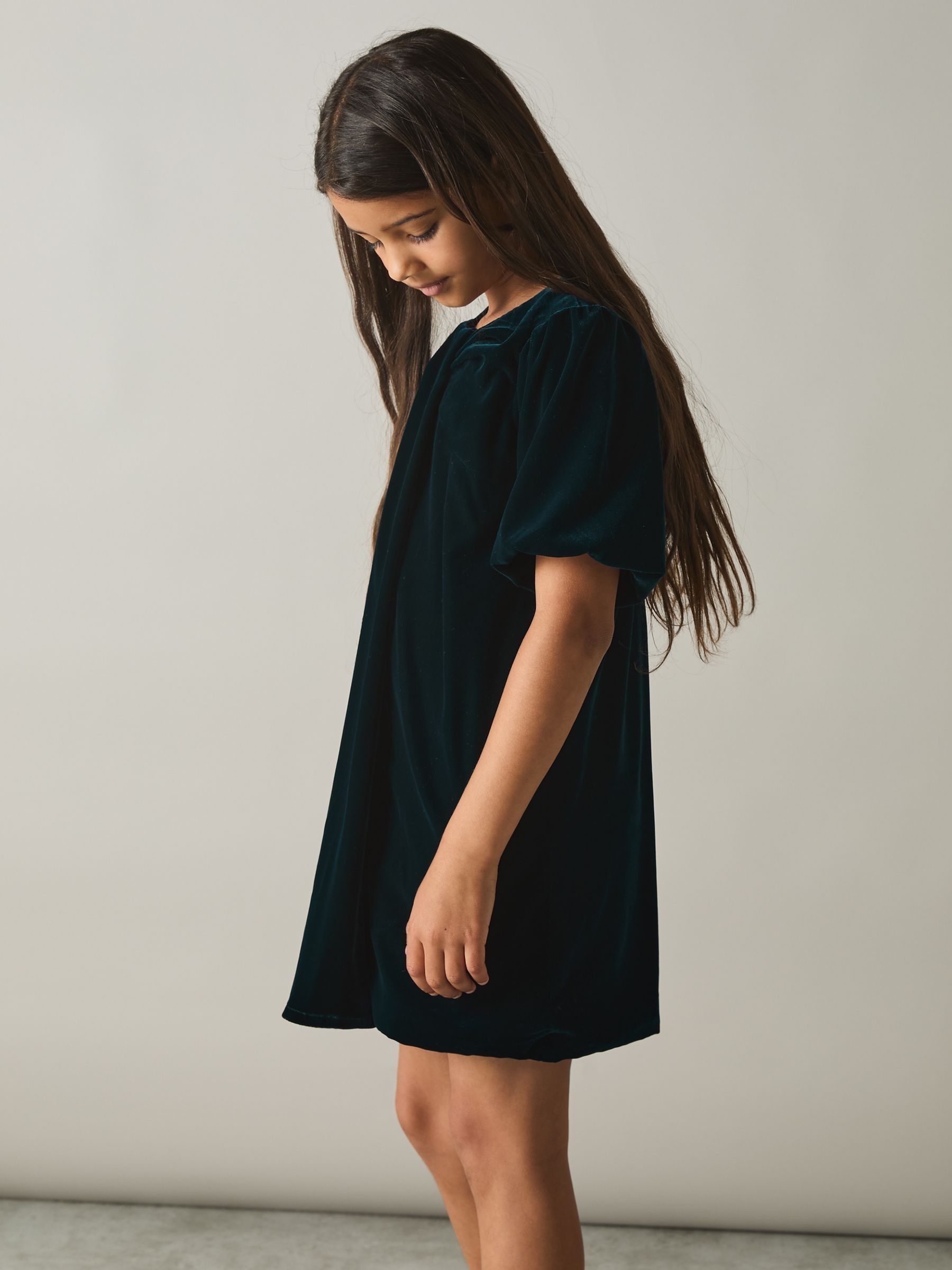 4-9 yrs Gathered-Velvet Shift Dress in Teal