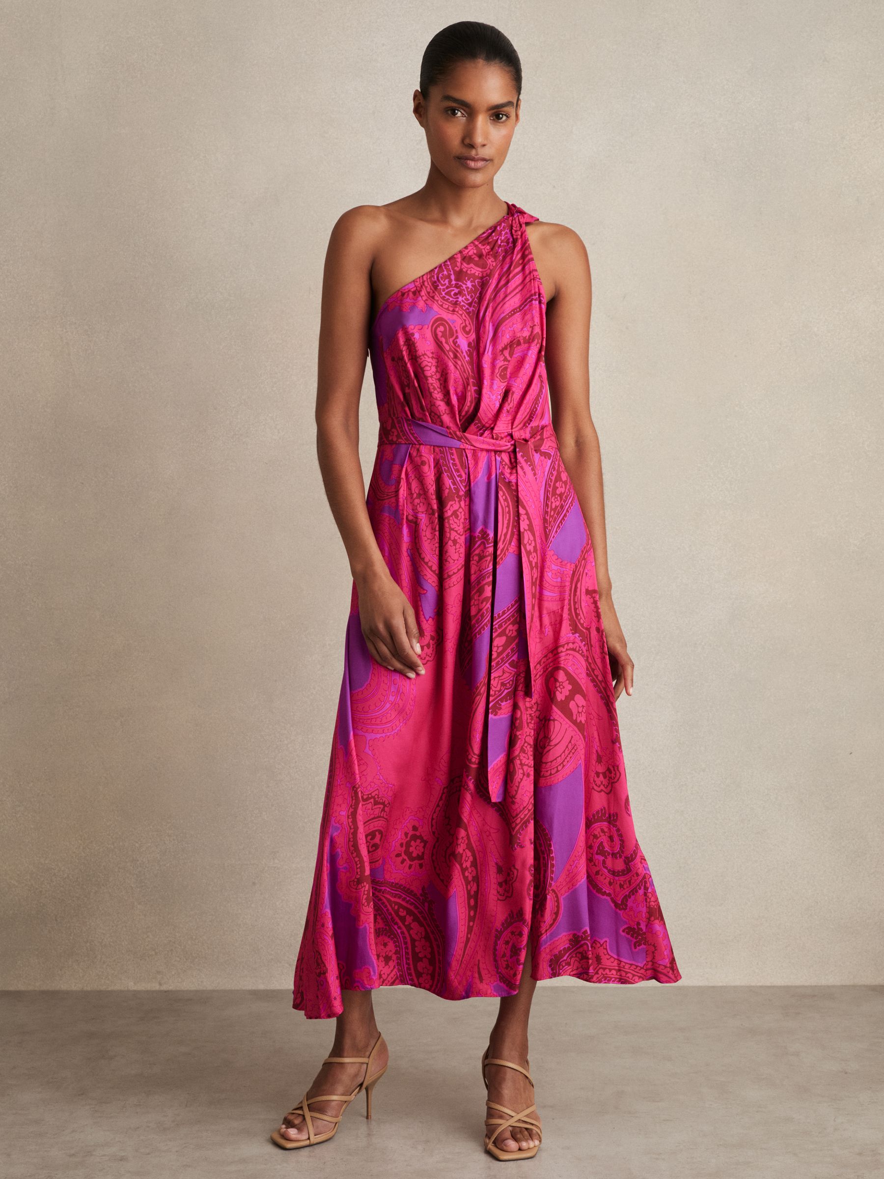 Paisley-Print One-Shoulder Midi Dress in Pink