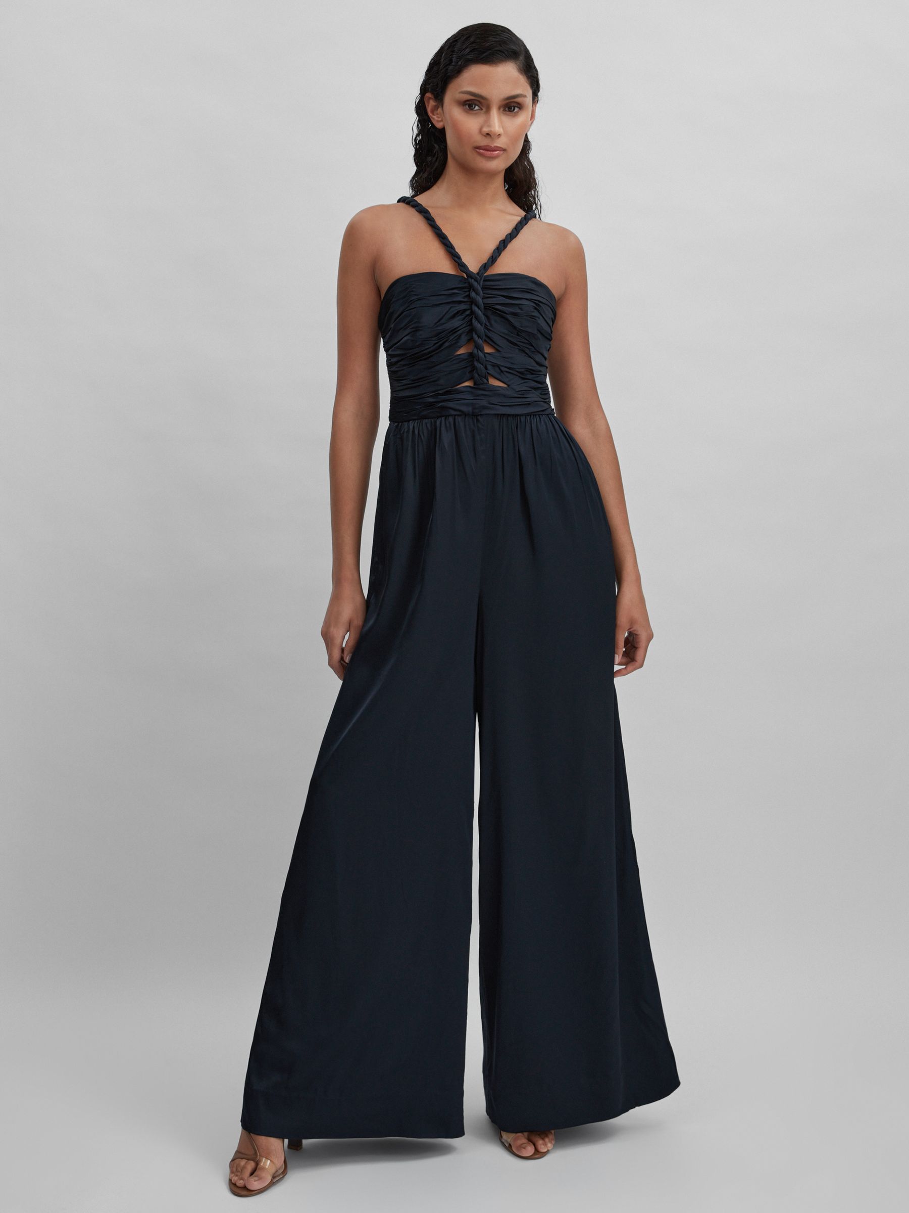 Amur Ruche Detail Wide Leg Jumpsuit in Navy