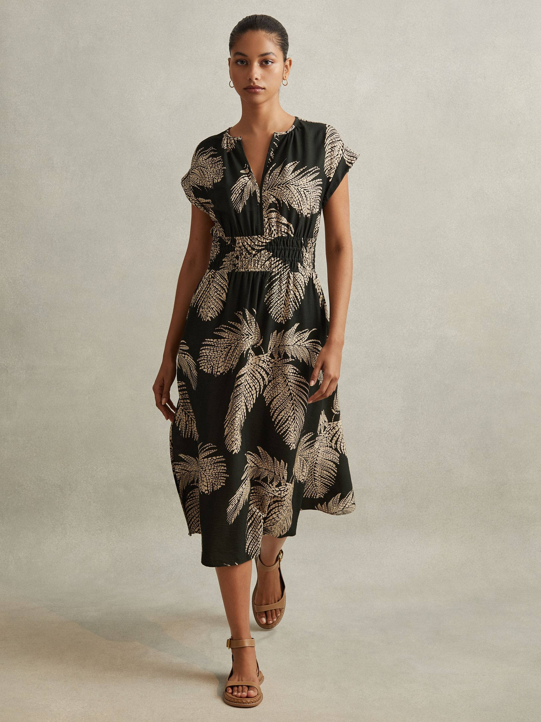 Tropical Print Elasticated Waist Midi Dress in Khaki