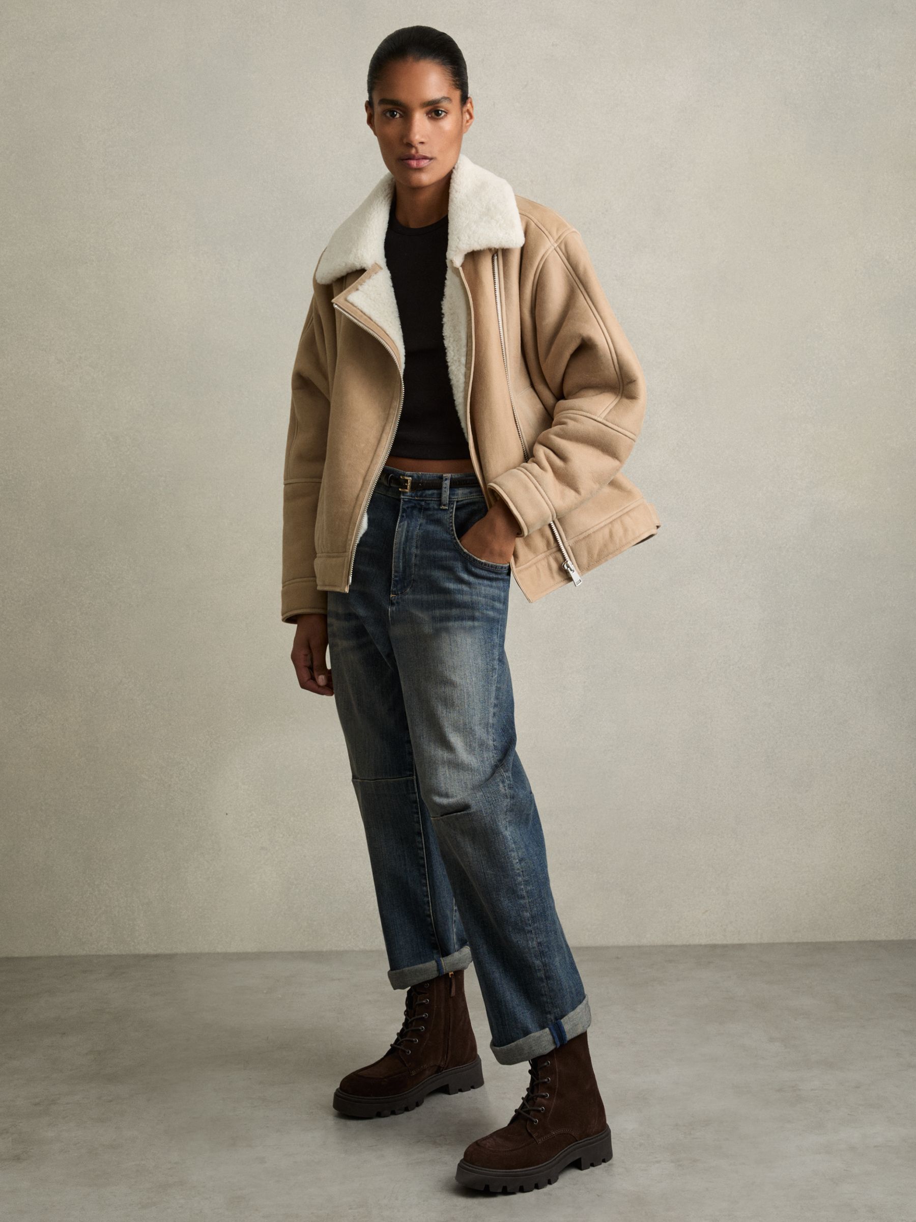 Shearling-Lined Leather Aviator Jacket in Neutral