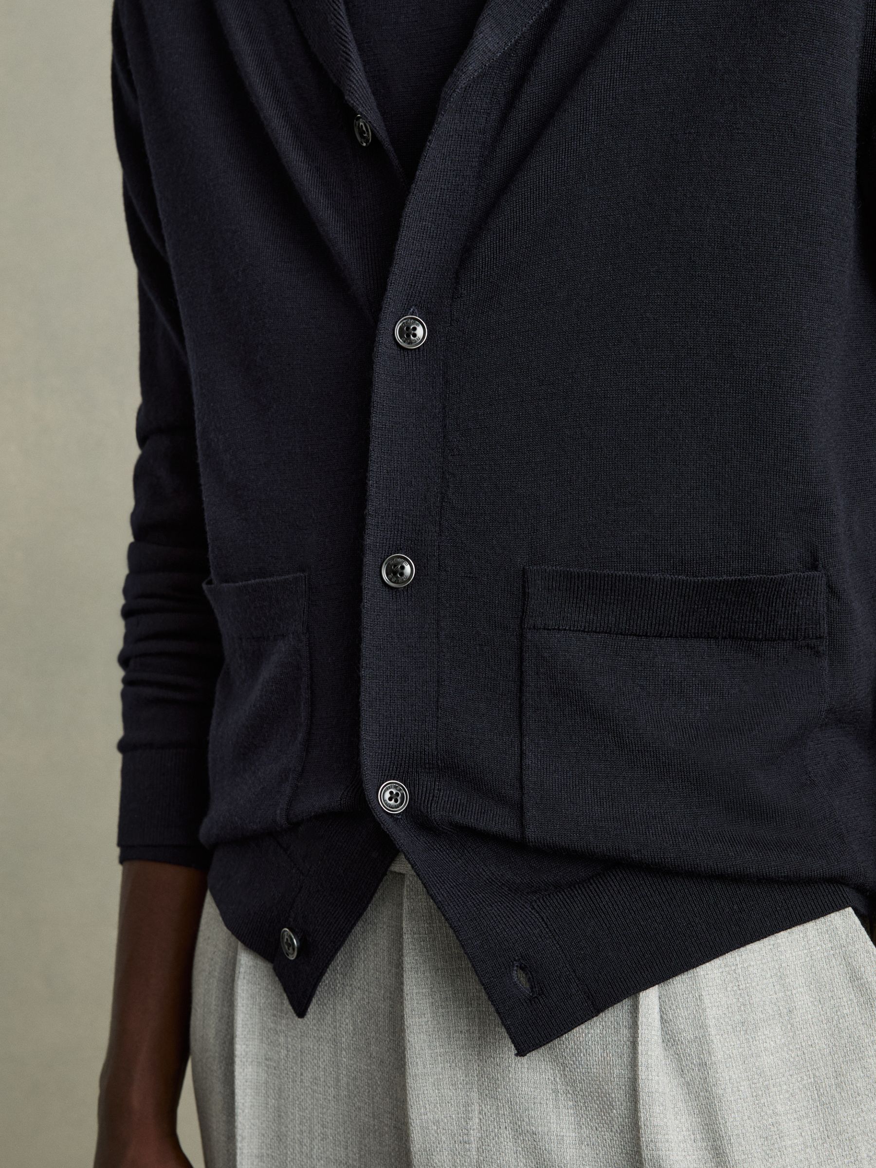 Merino Wool Shawl-Collar Cardigan in Navy