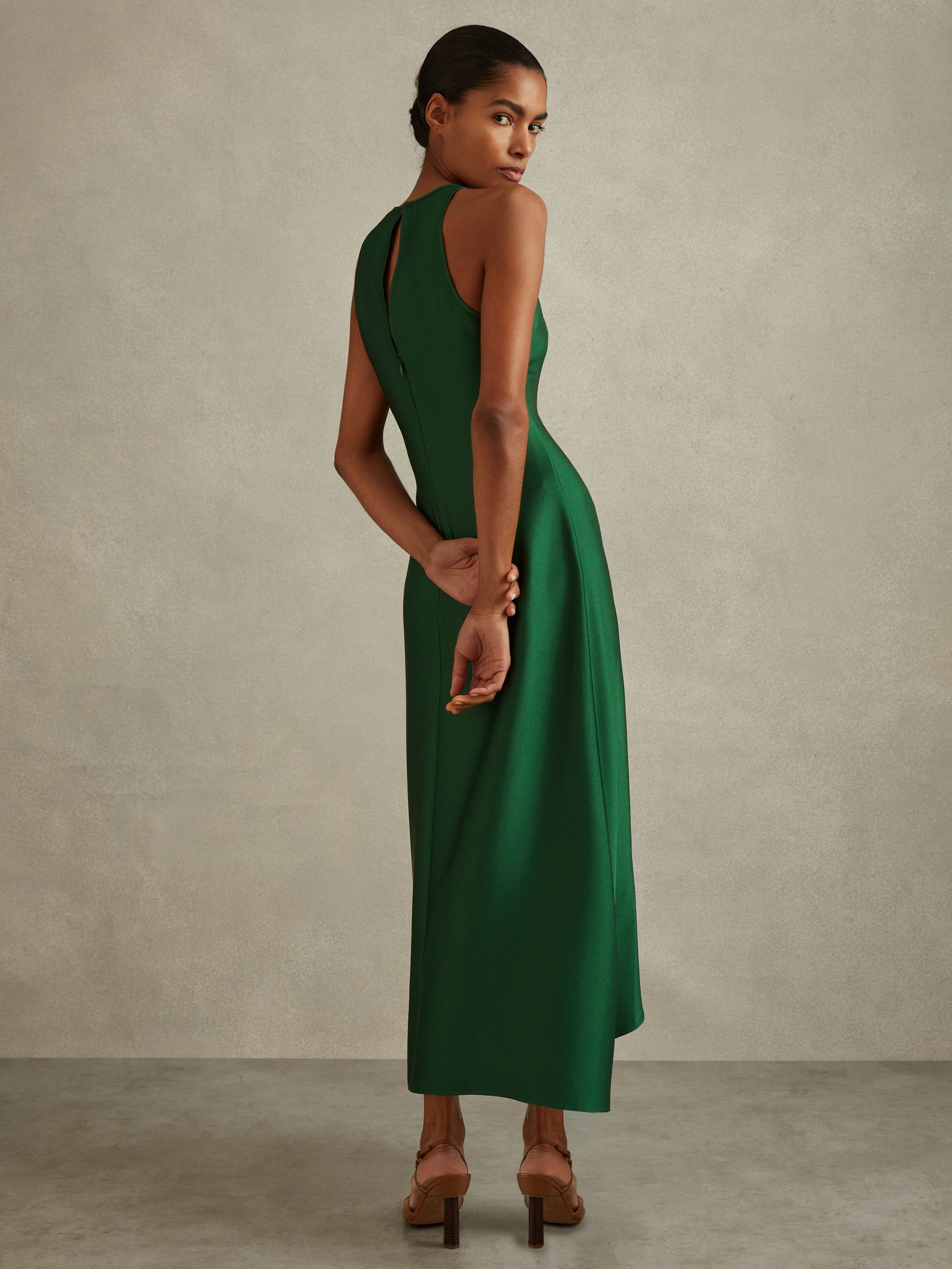 Satin Drape Tuck Midi Dress in Green