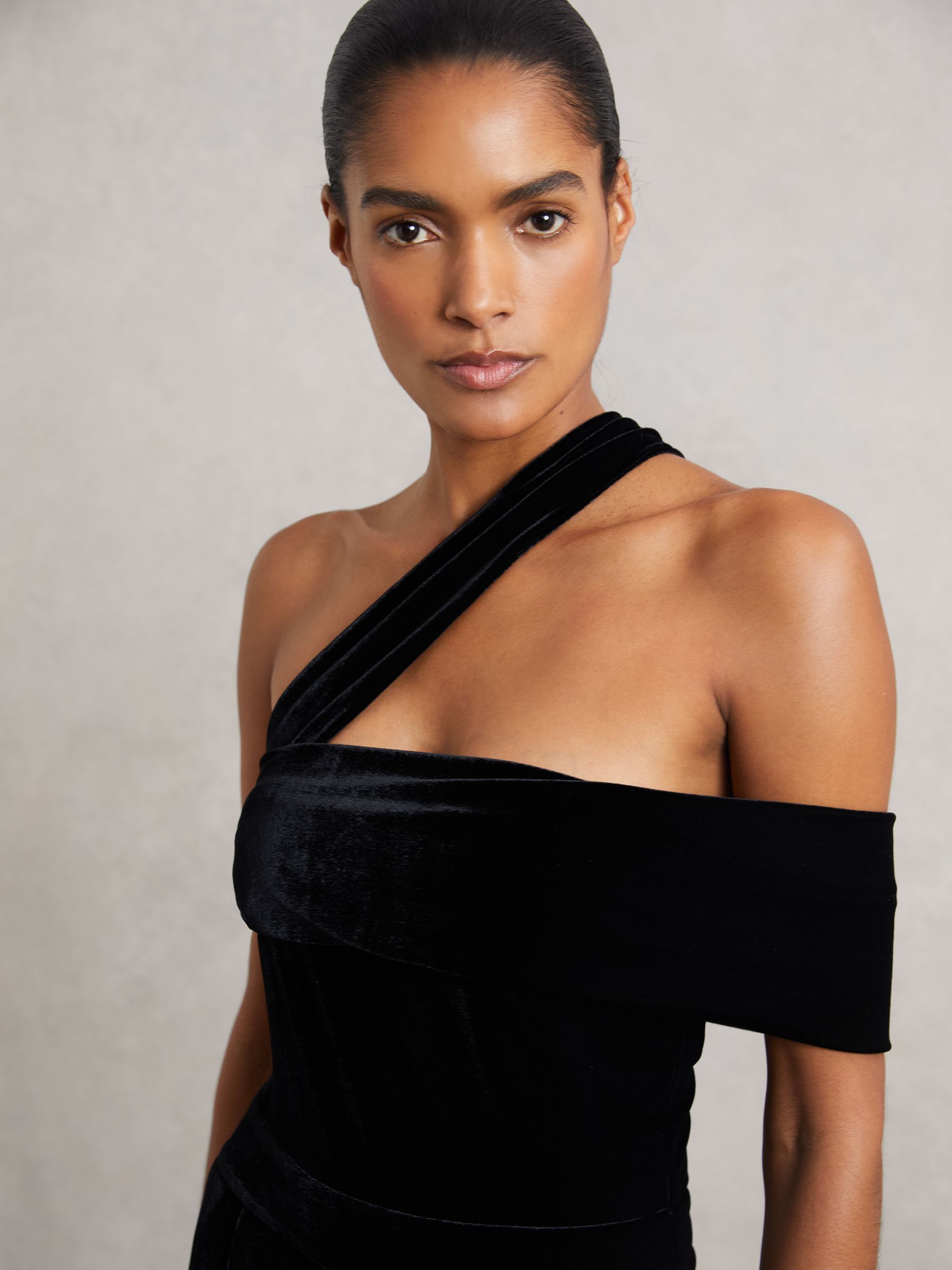 Velvet One-Shoulder Wide-Leg Jumpsuit in Black