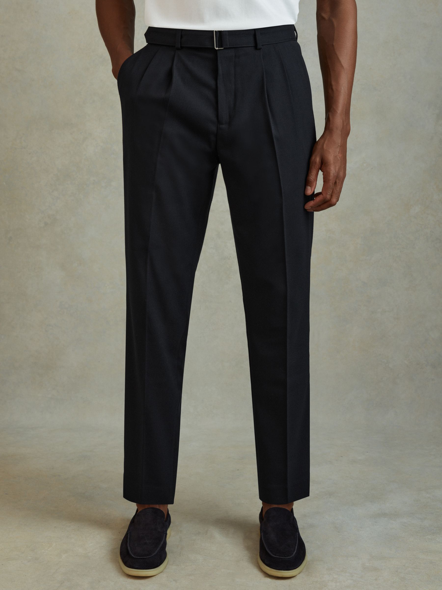 Belted Cropped Trousers in Navy