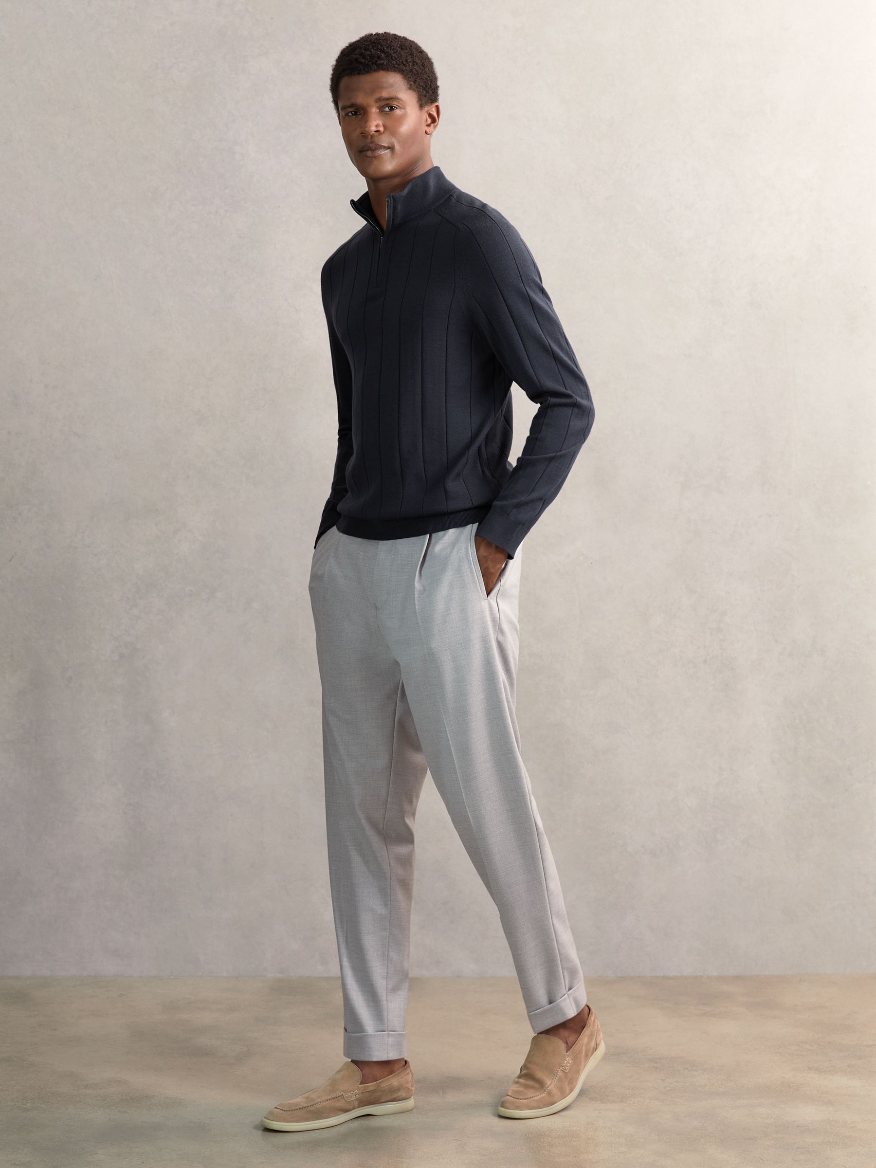Merino Wool Wide-Rib Half-Zip Jumper in Airforce Blue
