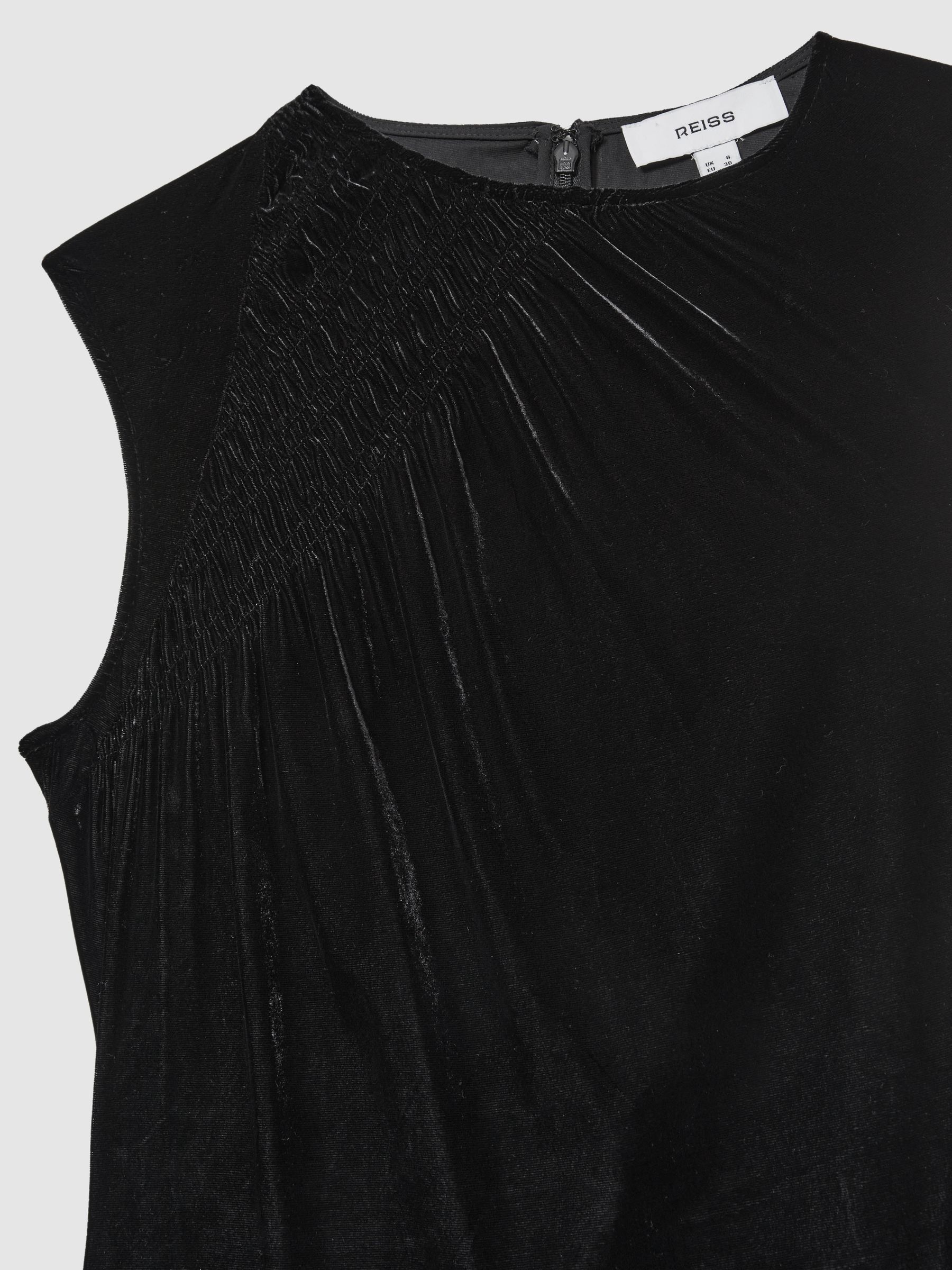 Velvet Shirred Panel Midi Dress in Black