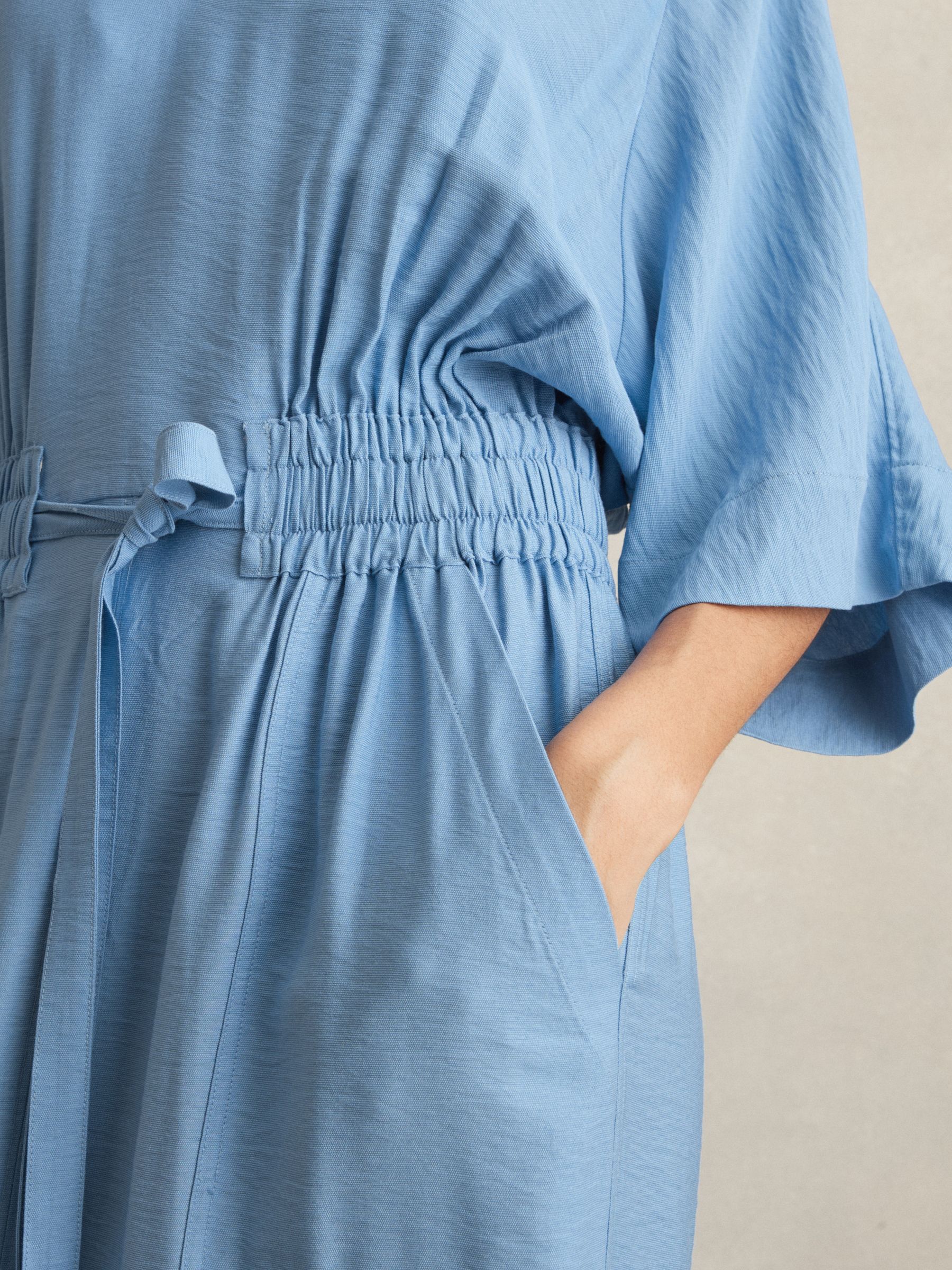 Petite Shirred-Waist Midi Shirt Dress in Blue