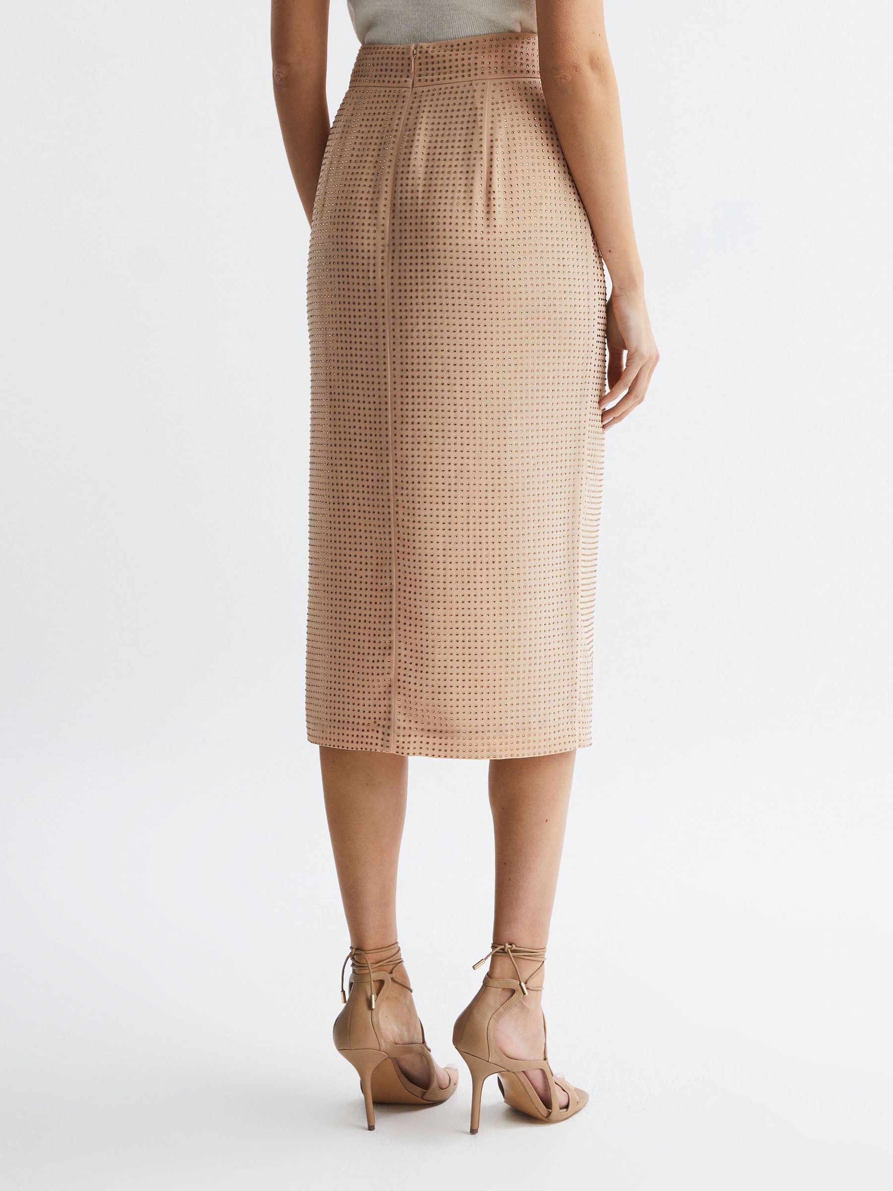 Embellished High Rise Midi Skirt in Nude