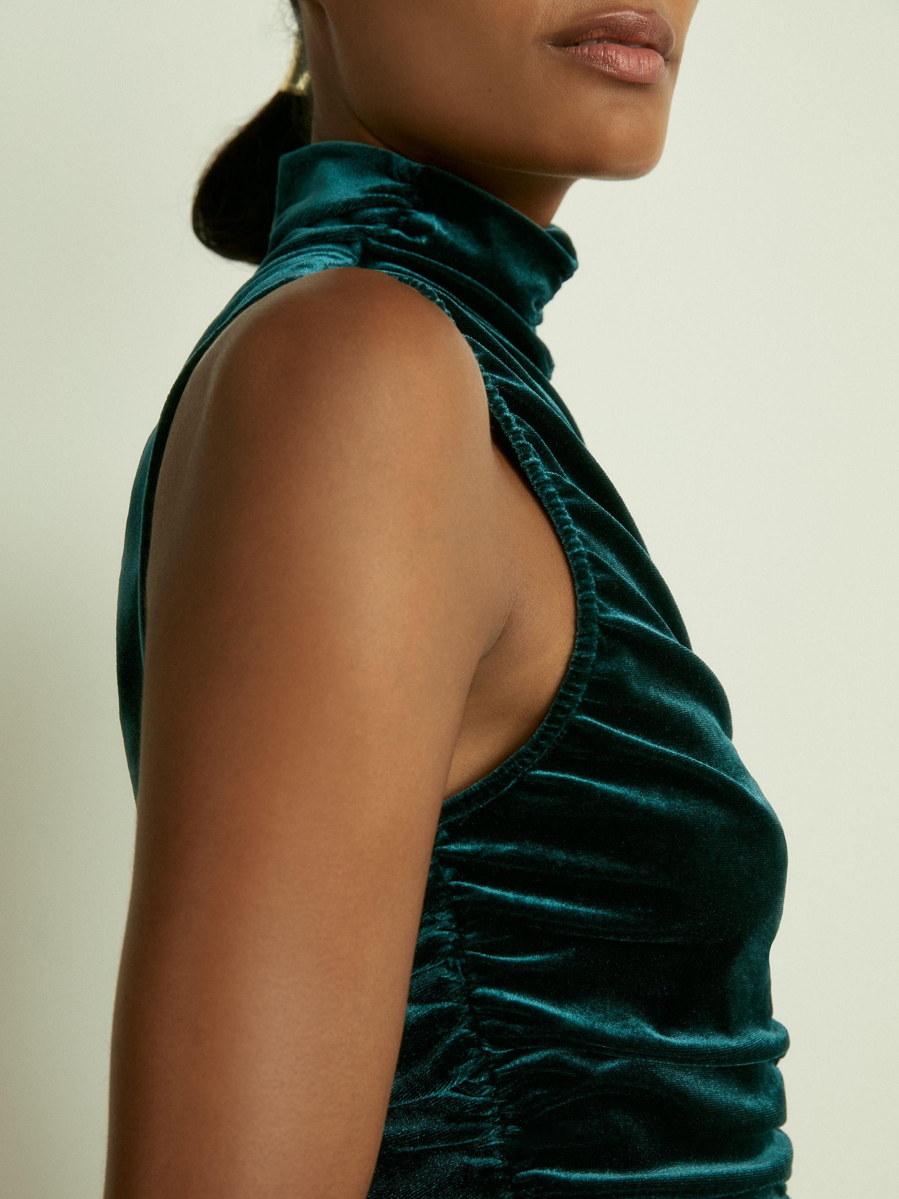 Racer-Front Ruched-Velvet Sleeveless Top in Teal