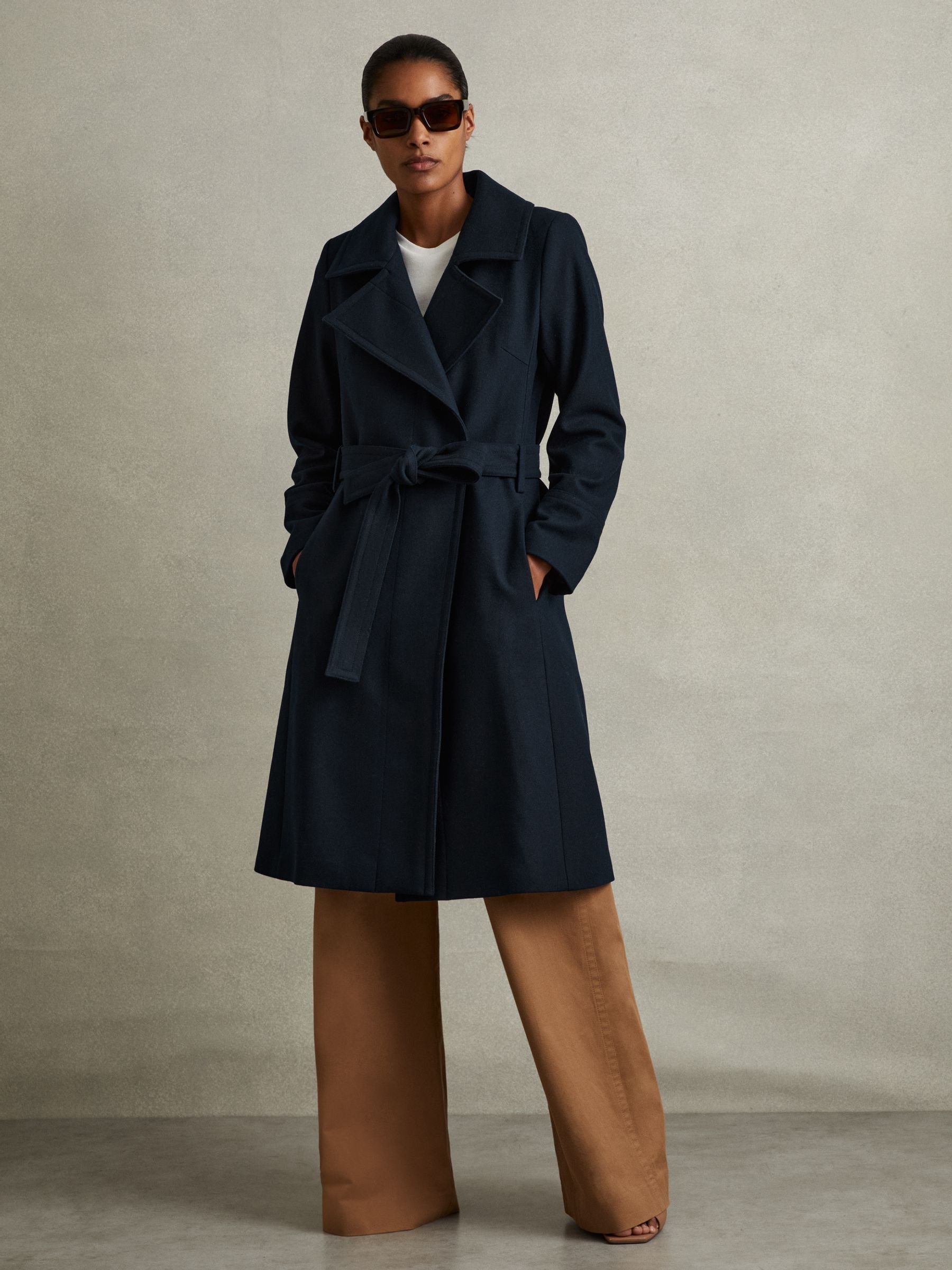 Wool Blend Belted Double Breasted Coat With Cashmere in Teal