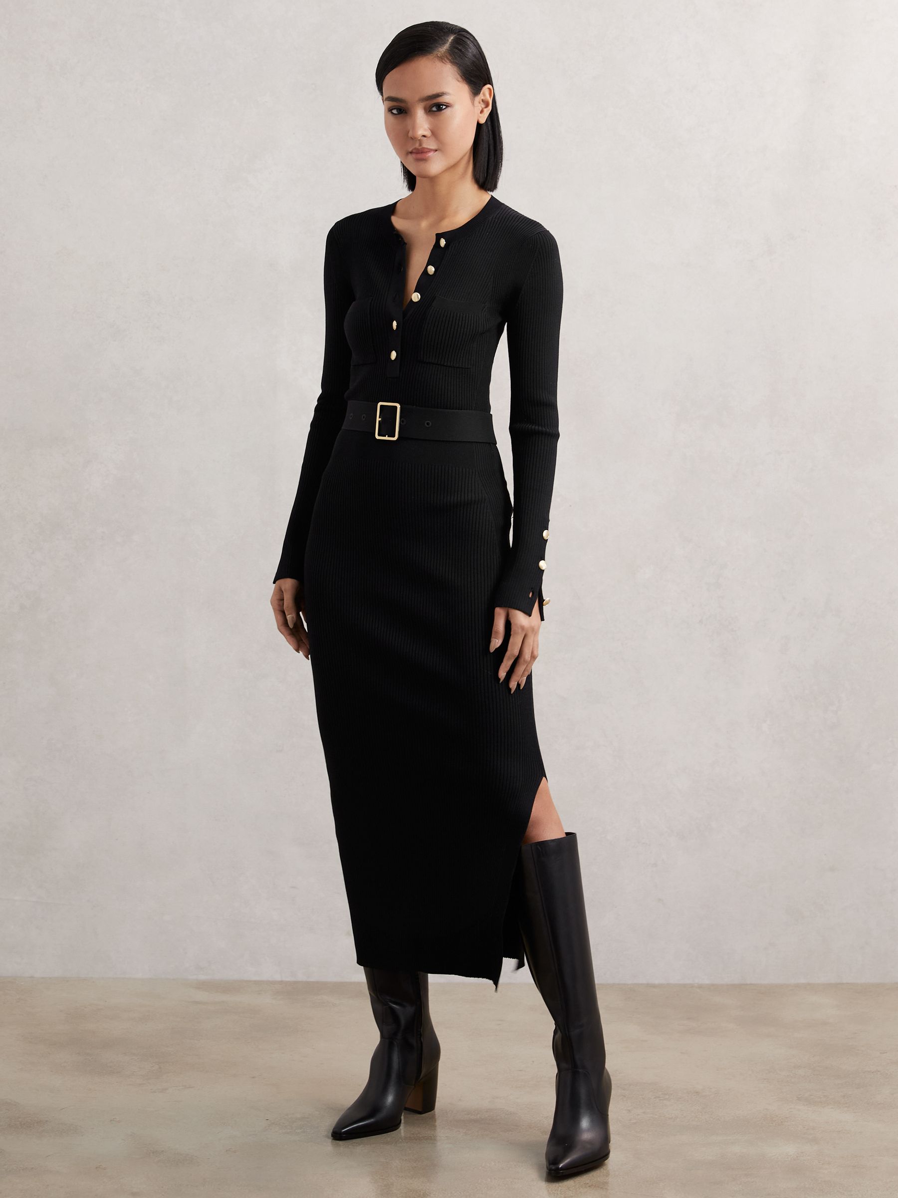 Buttoned Rib-Knit Midi Dress in Black
