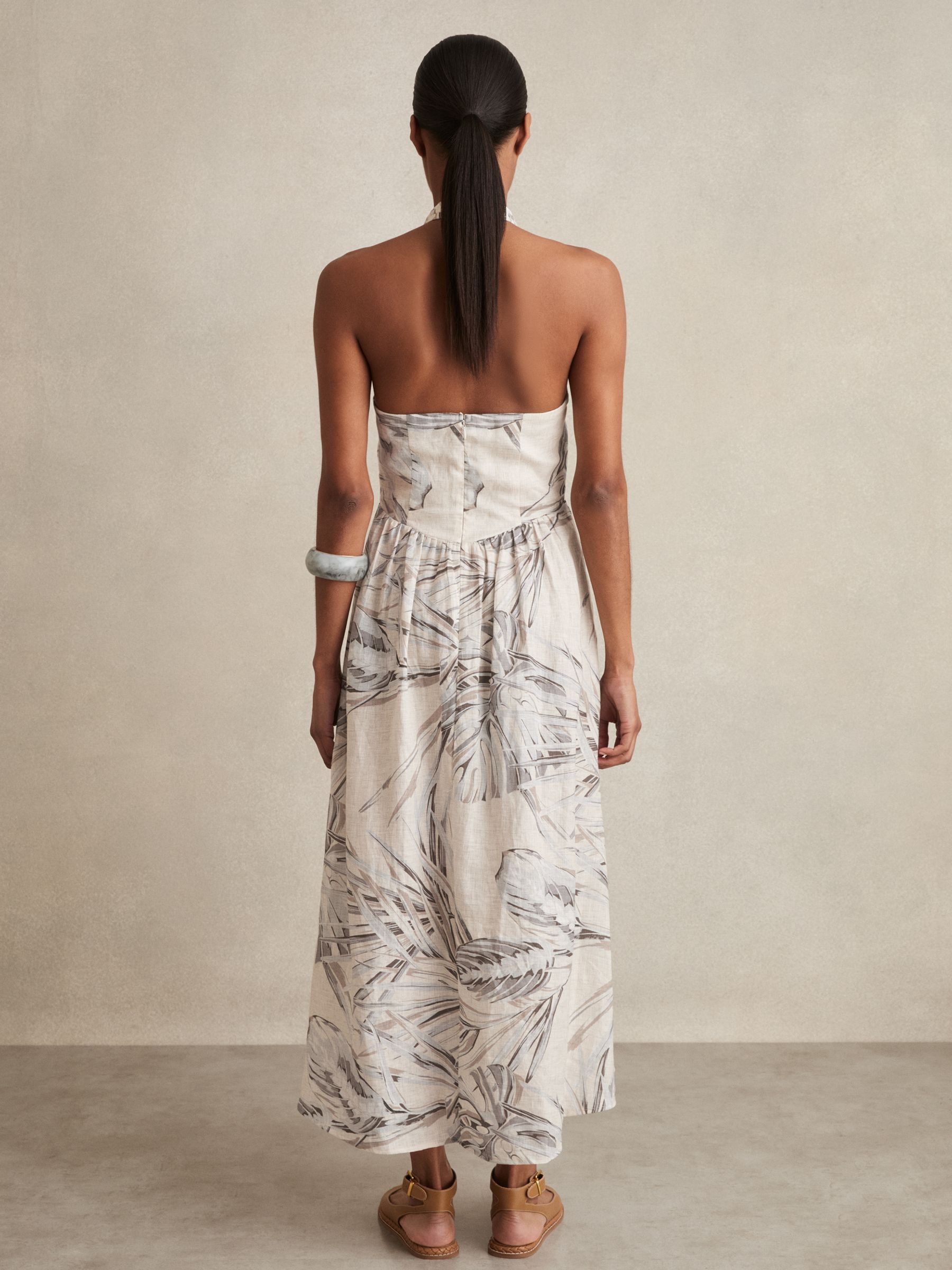 Petite Linen Palm Print Halterneck Midi Dress in Neutral