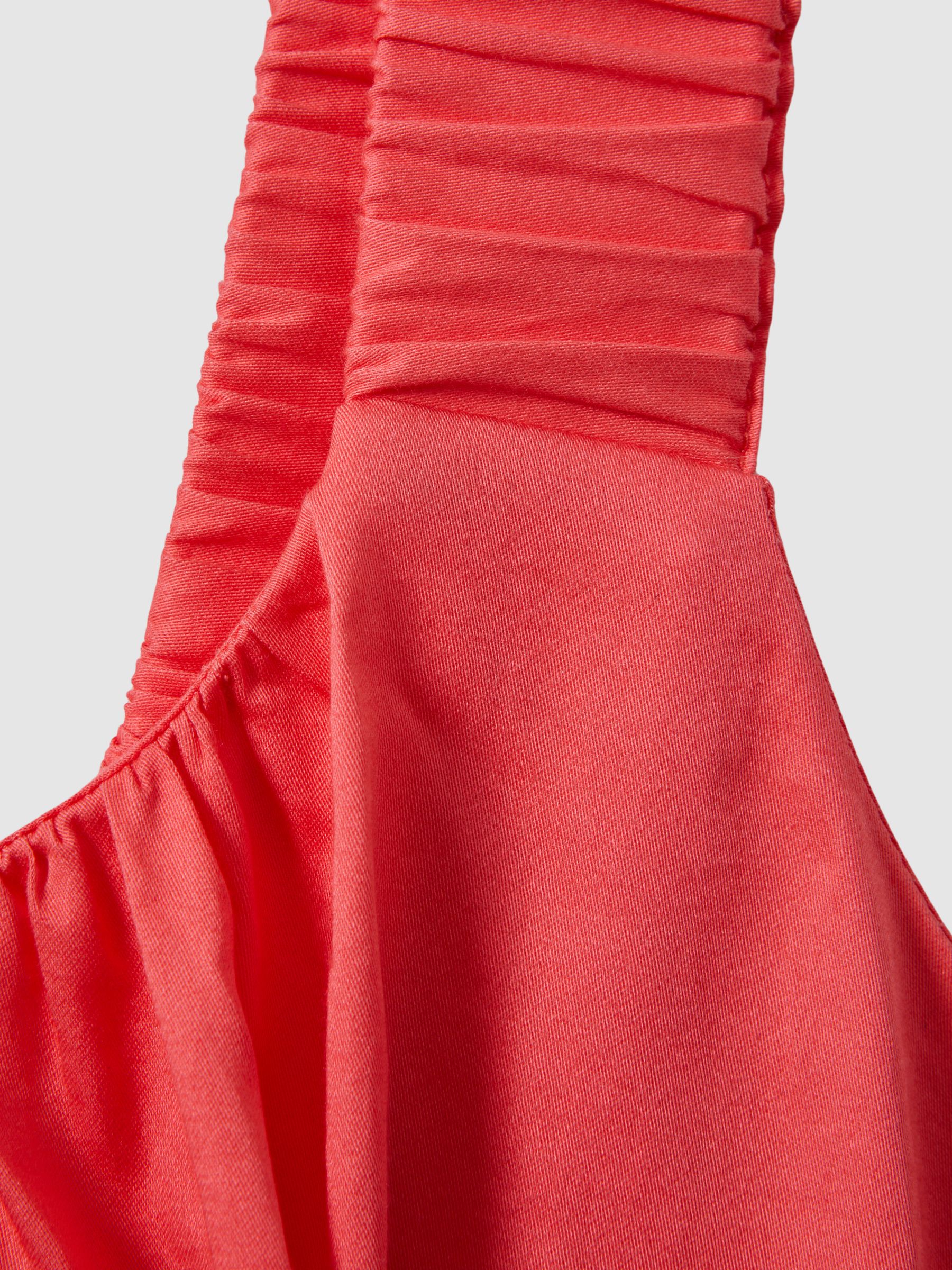 Cotton Ruched Strap Belted Midi Dress in Coral