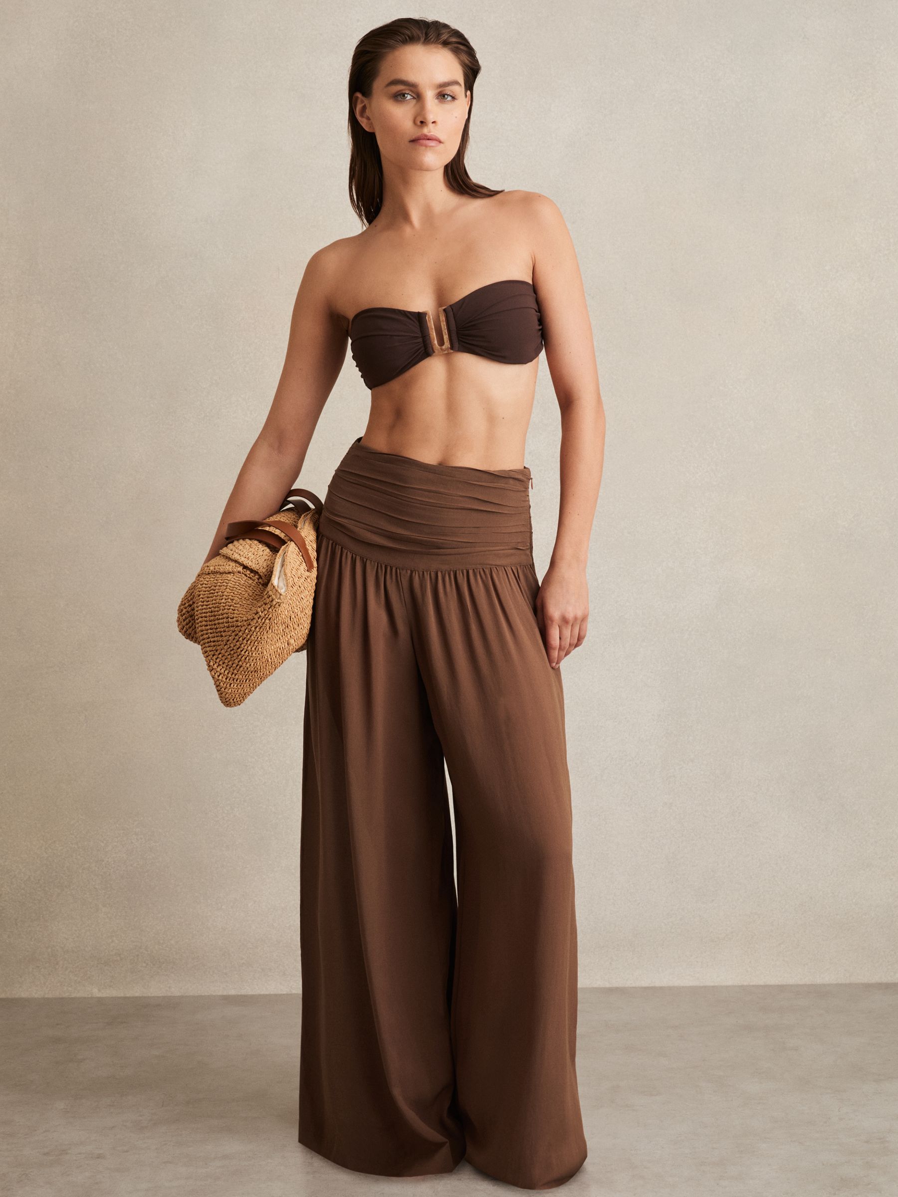 Lyocell Blend Wide Leg Trousers in Brown