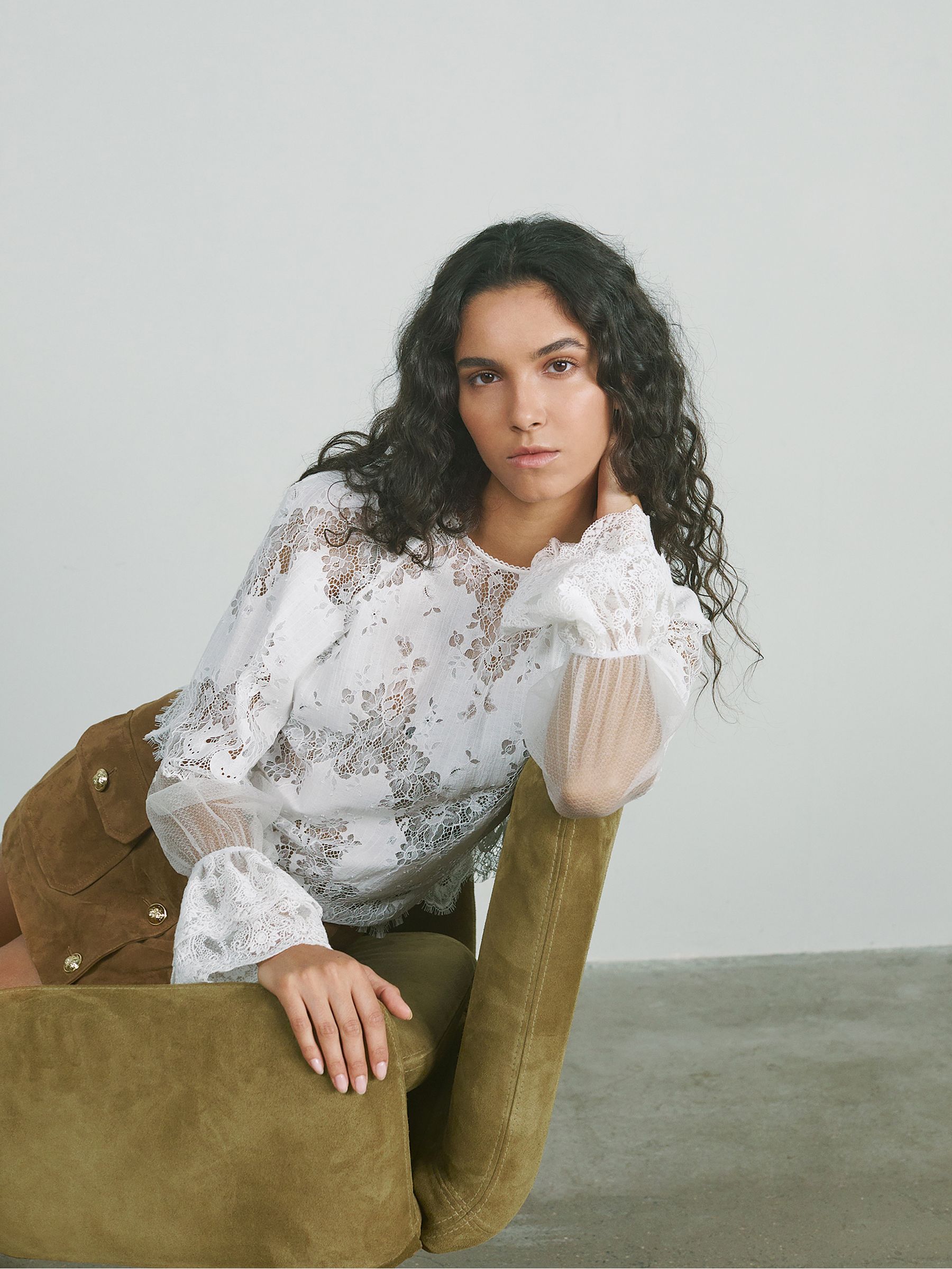 Lace Flared-Cuff Blouse in Ivory