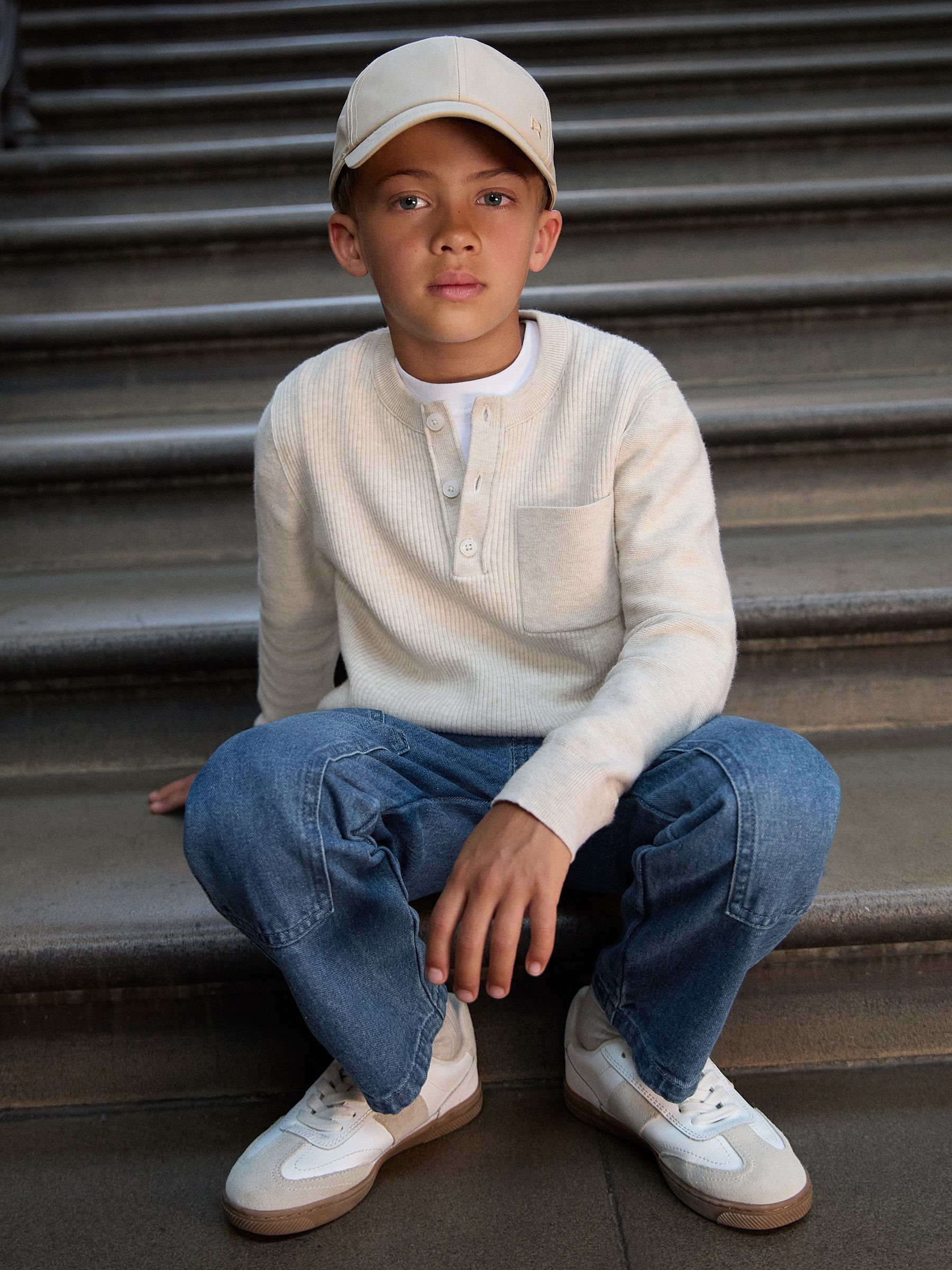 3-9 yrs Cotton-Blend Rib-Knit Henley Top in Oatmeal Melange