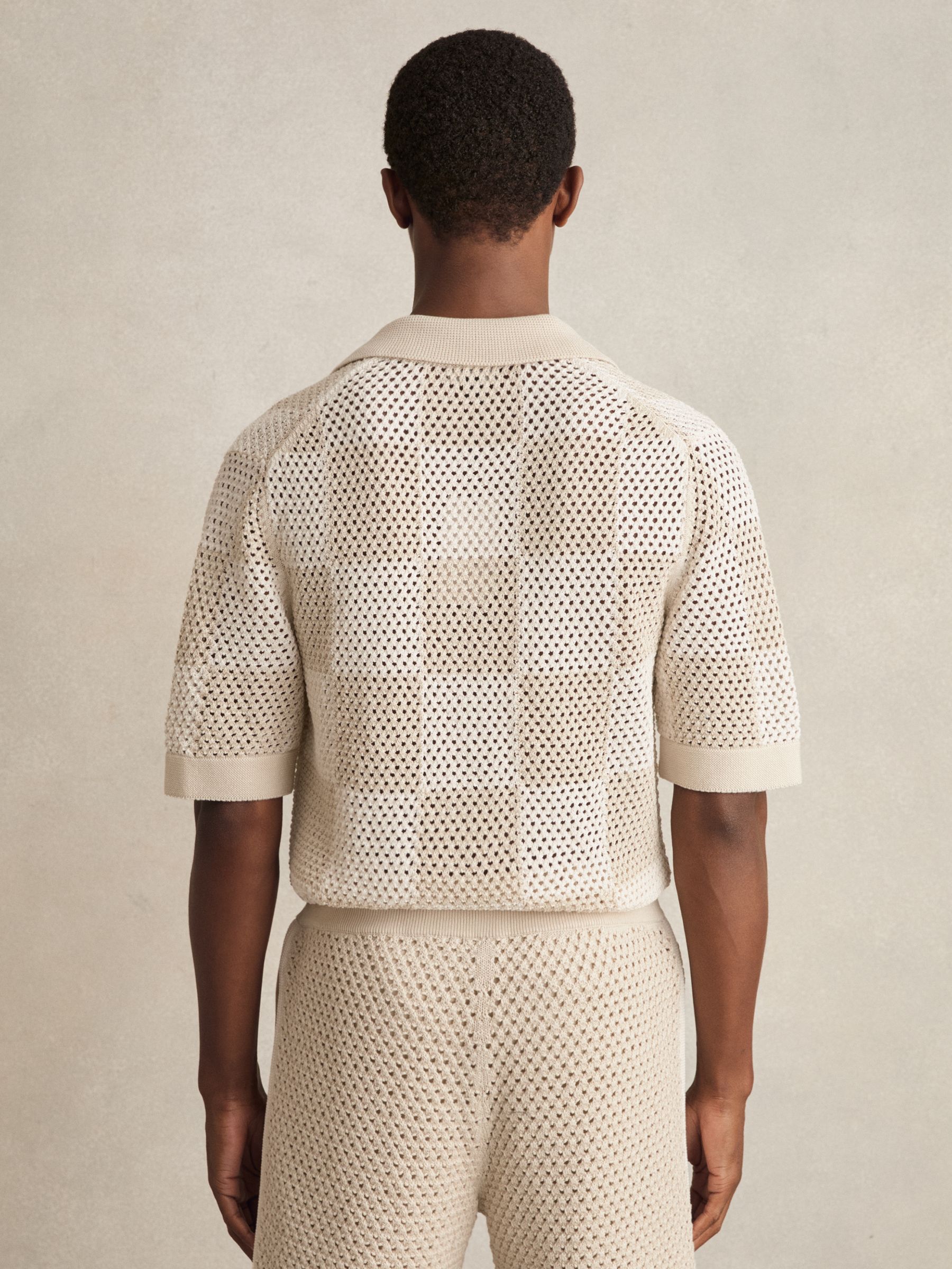 Cotton Chequerboard Crochet Shirt in Taupe/Off White