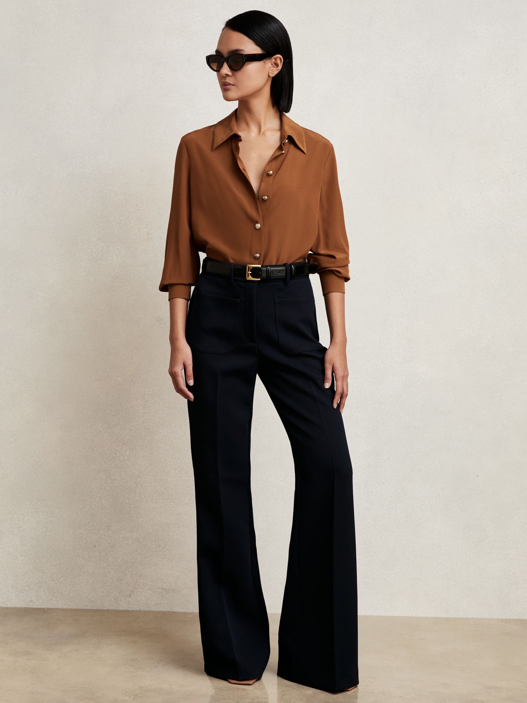 Silk Embossed-Button Shirt in Tan Brown