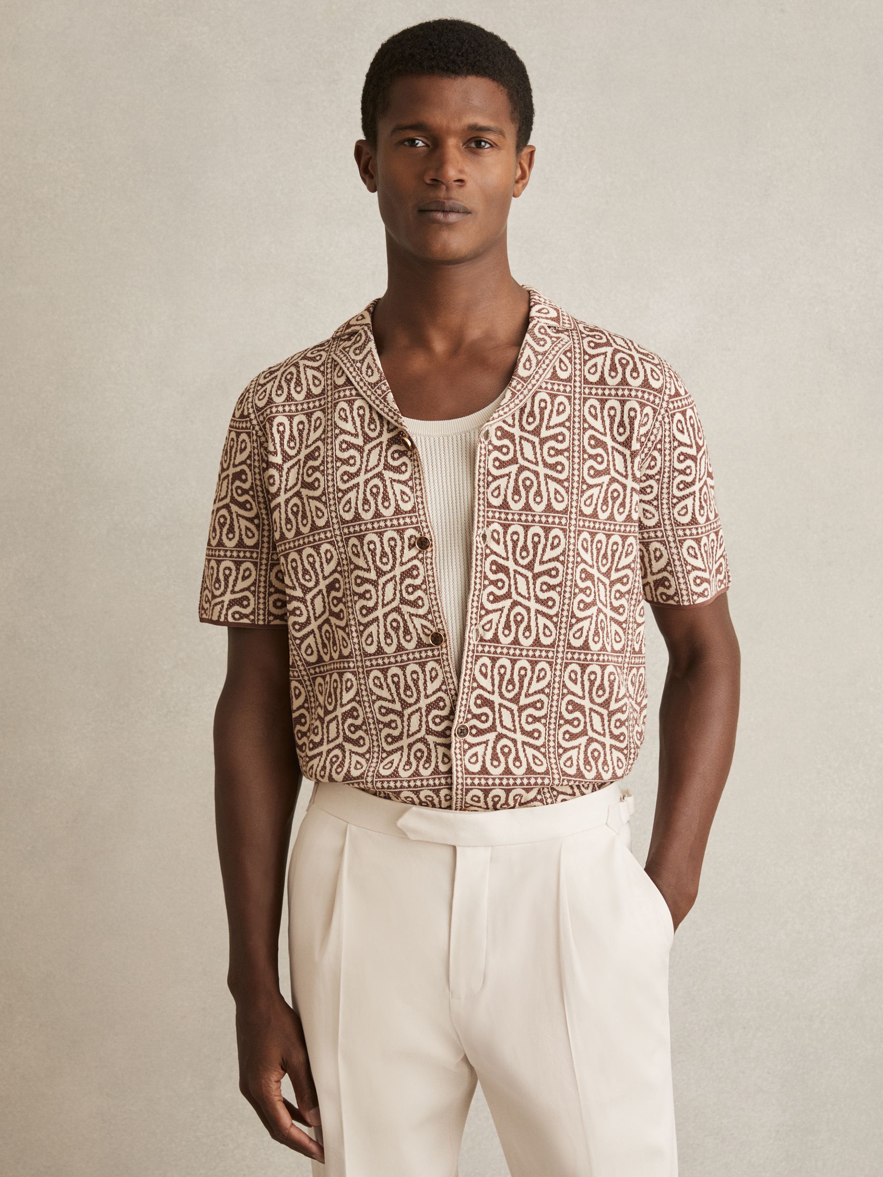 Tile Pattern Knit Shirt in Brown/White