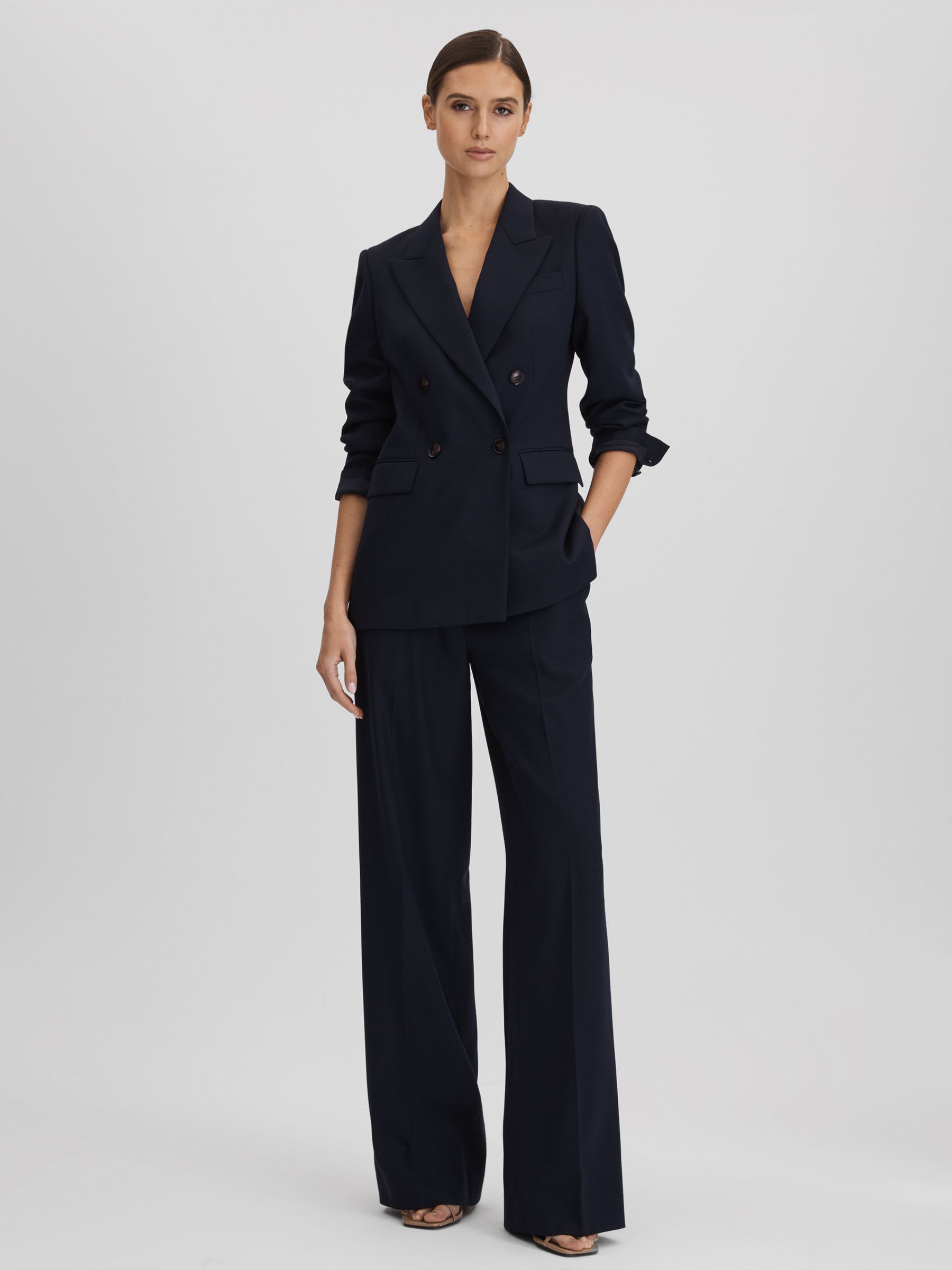 Wool Blend Wide Leg Suit Trousers in Navy