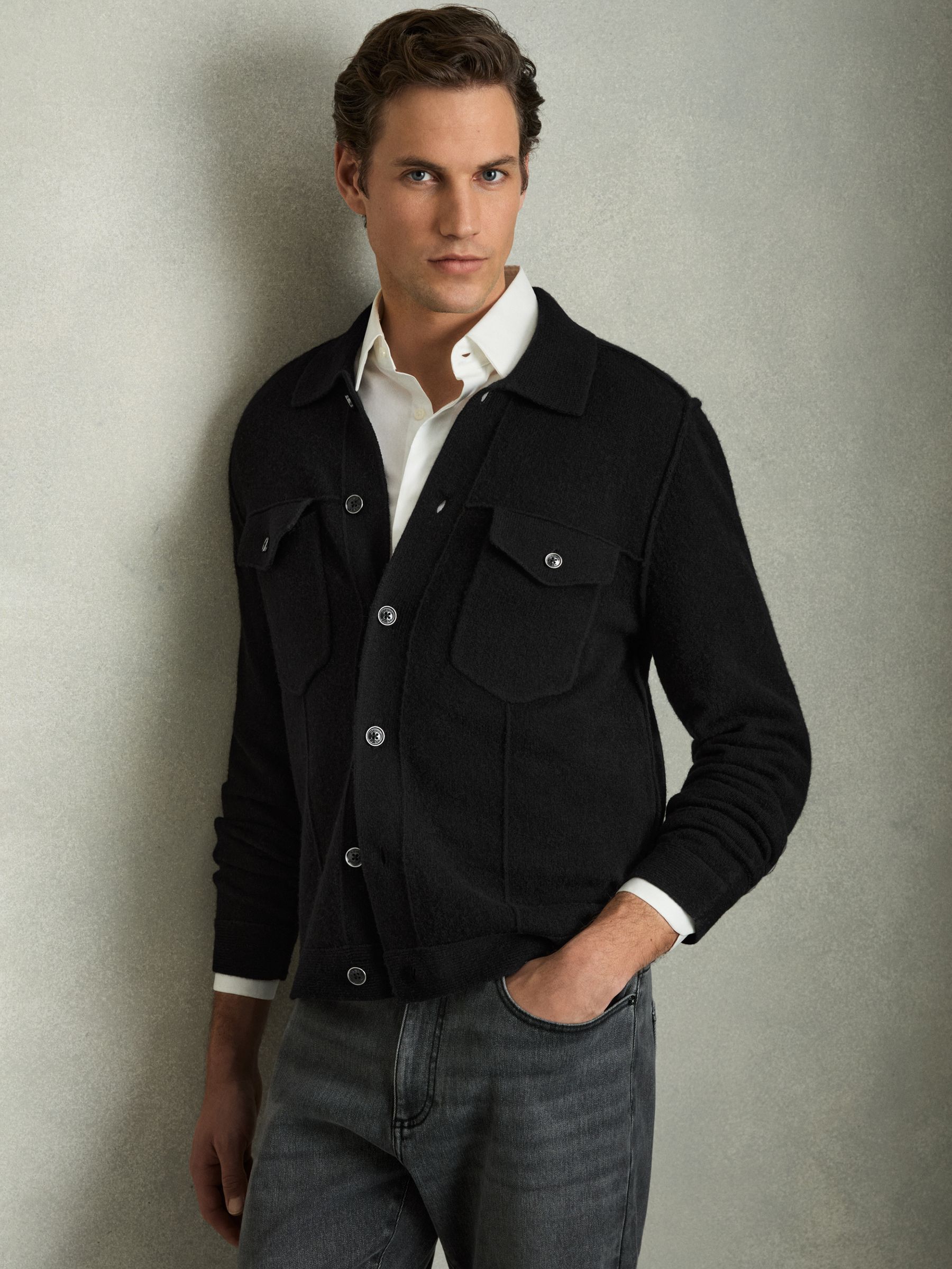 Wool Button Through Knitted Jacket in Black