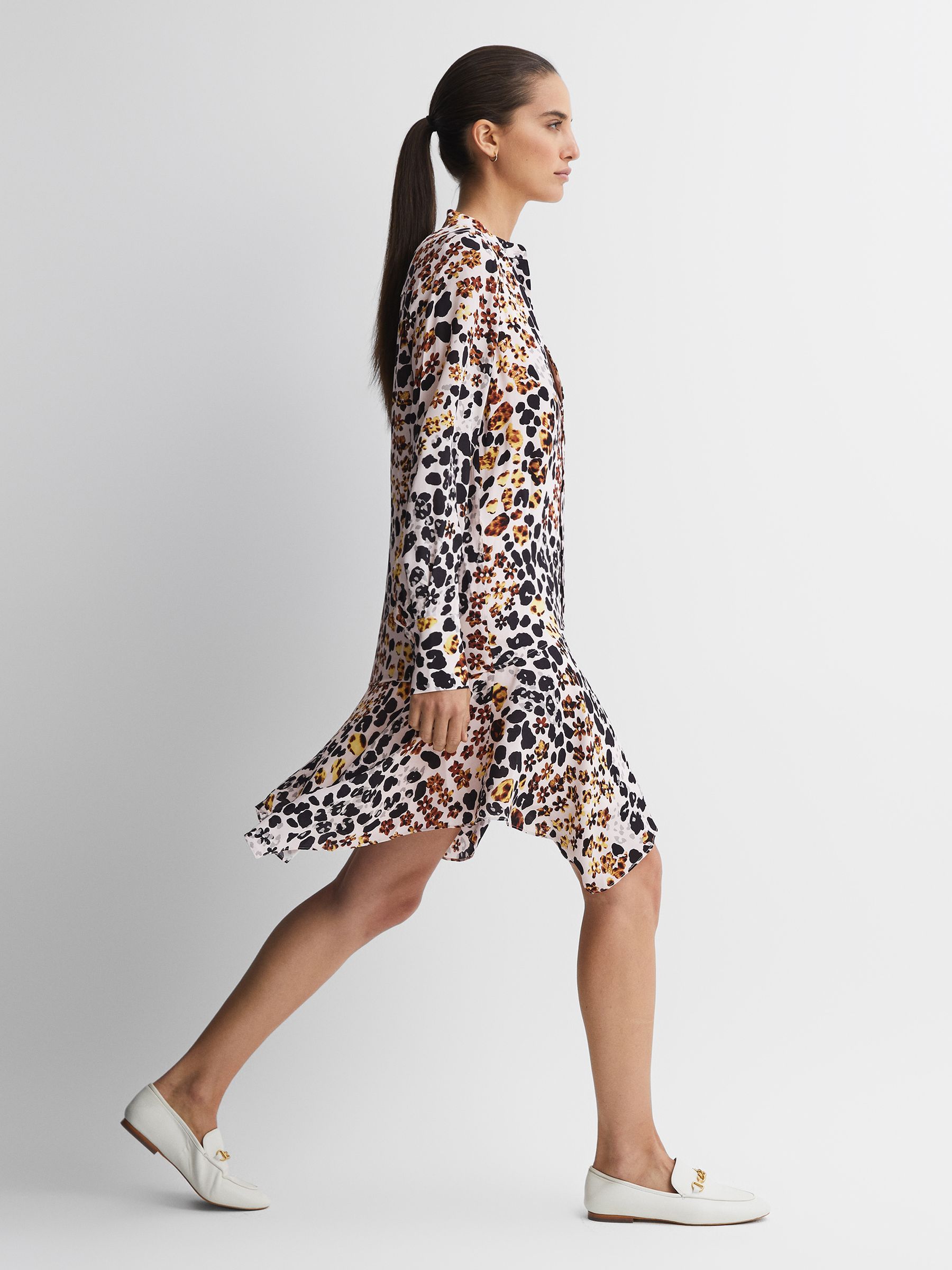 Animal Print Asymmetric Belted Dress in Nude/Black