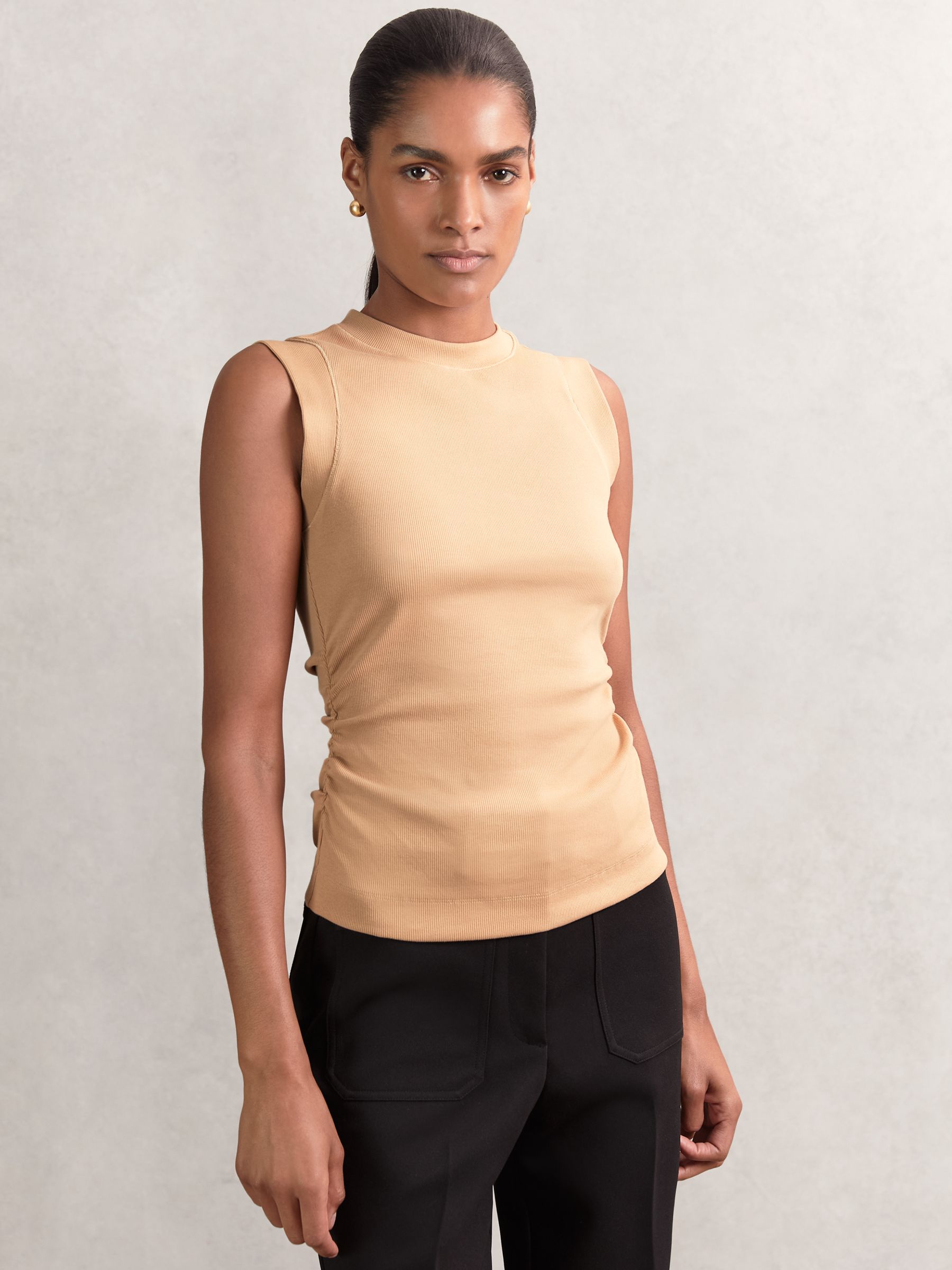 Ribbed Ruched Waist Vest in Camel
