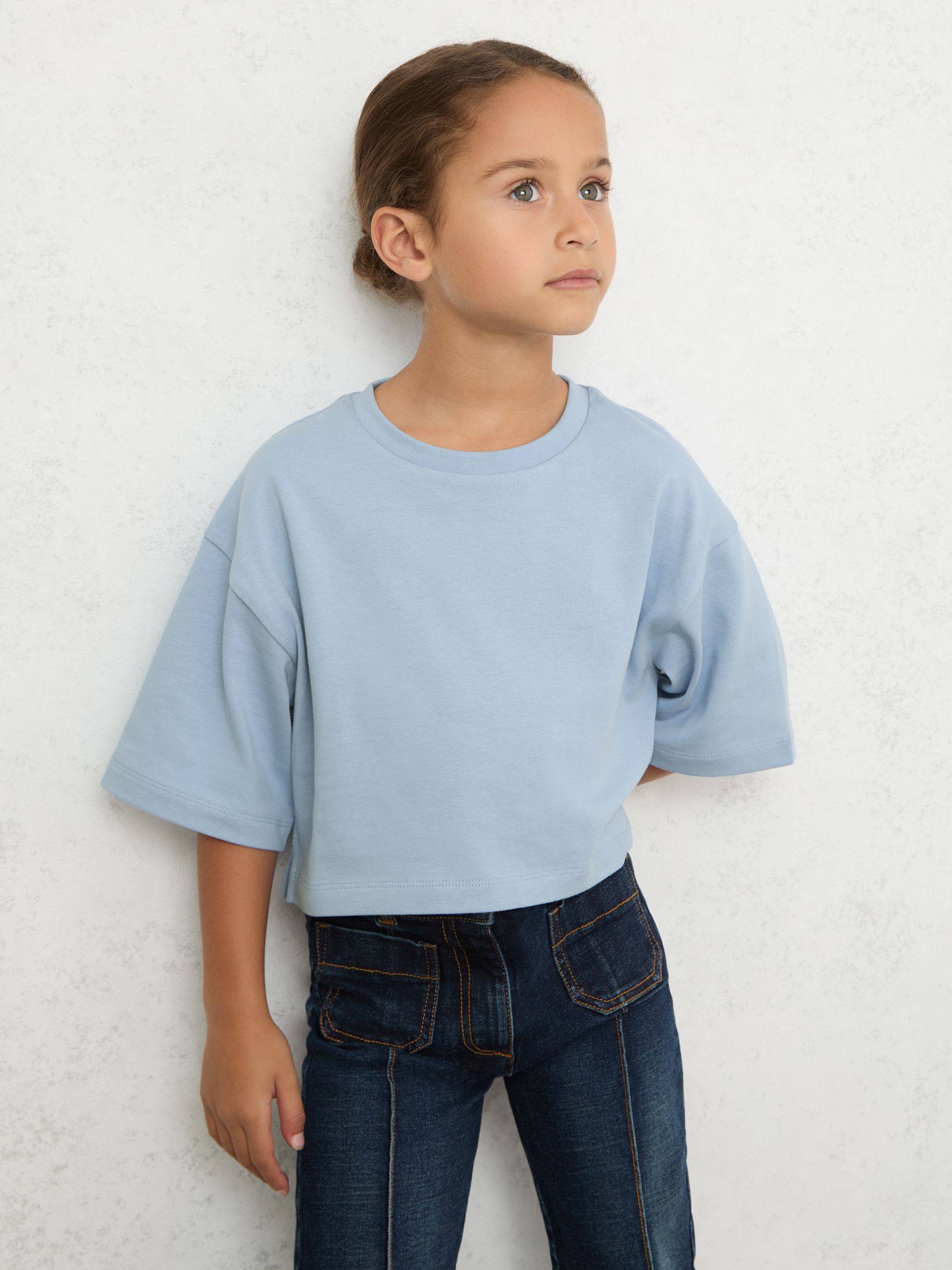 3-9 yrs Cotton Oversized Cropped T-Shirt in Blue
