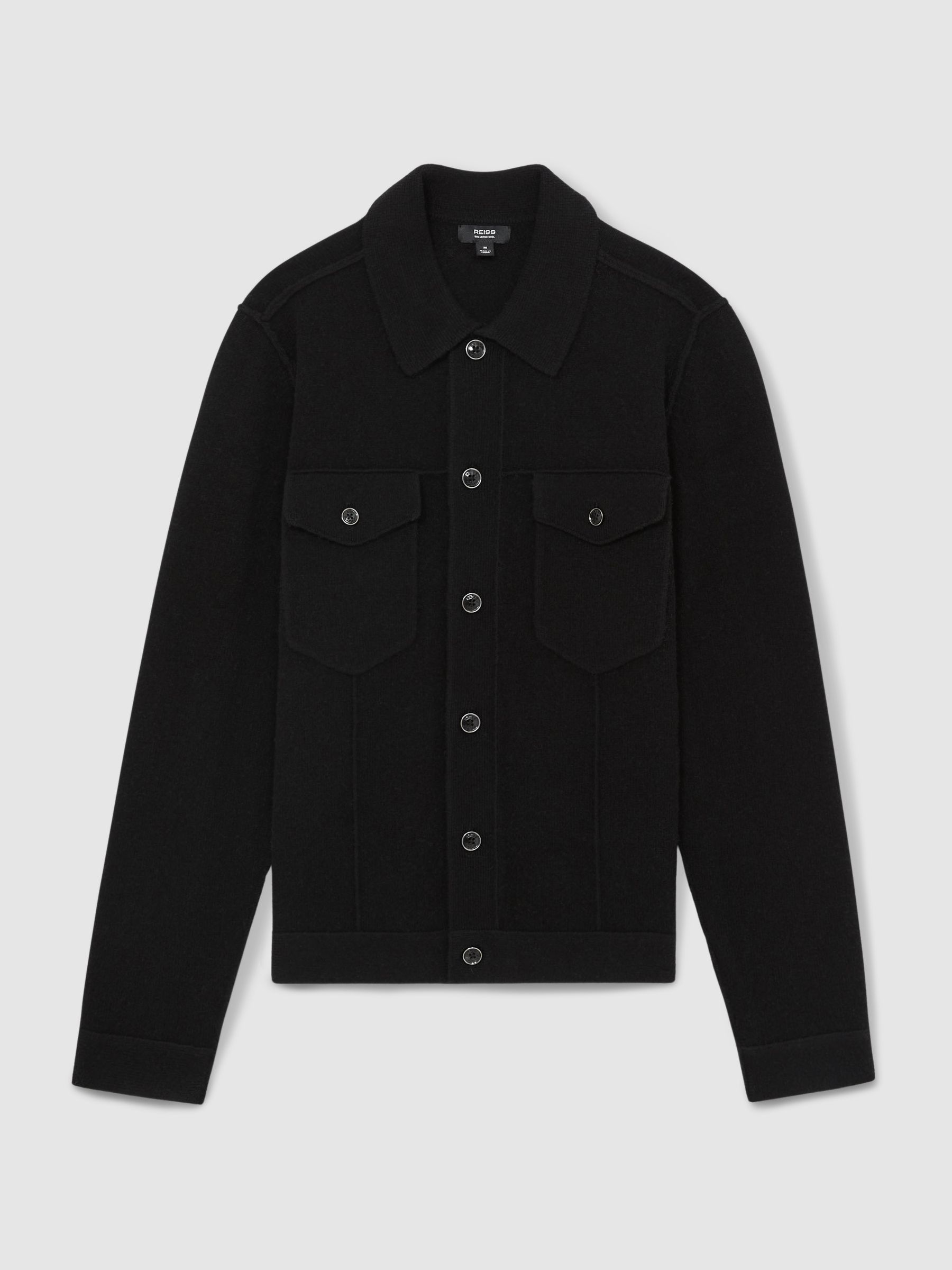 Wool Button Through Knitted Jacket in Black