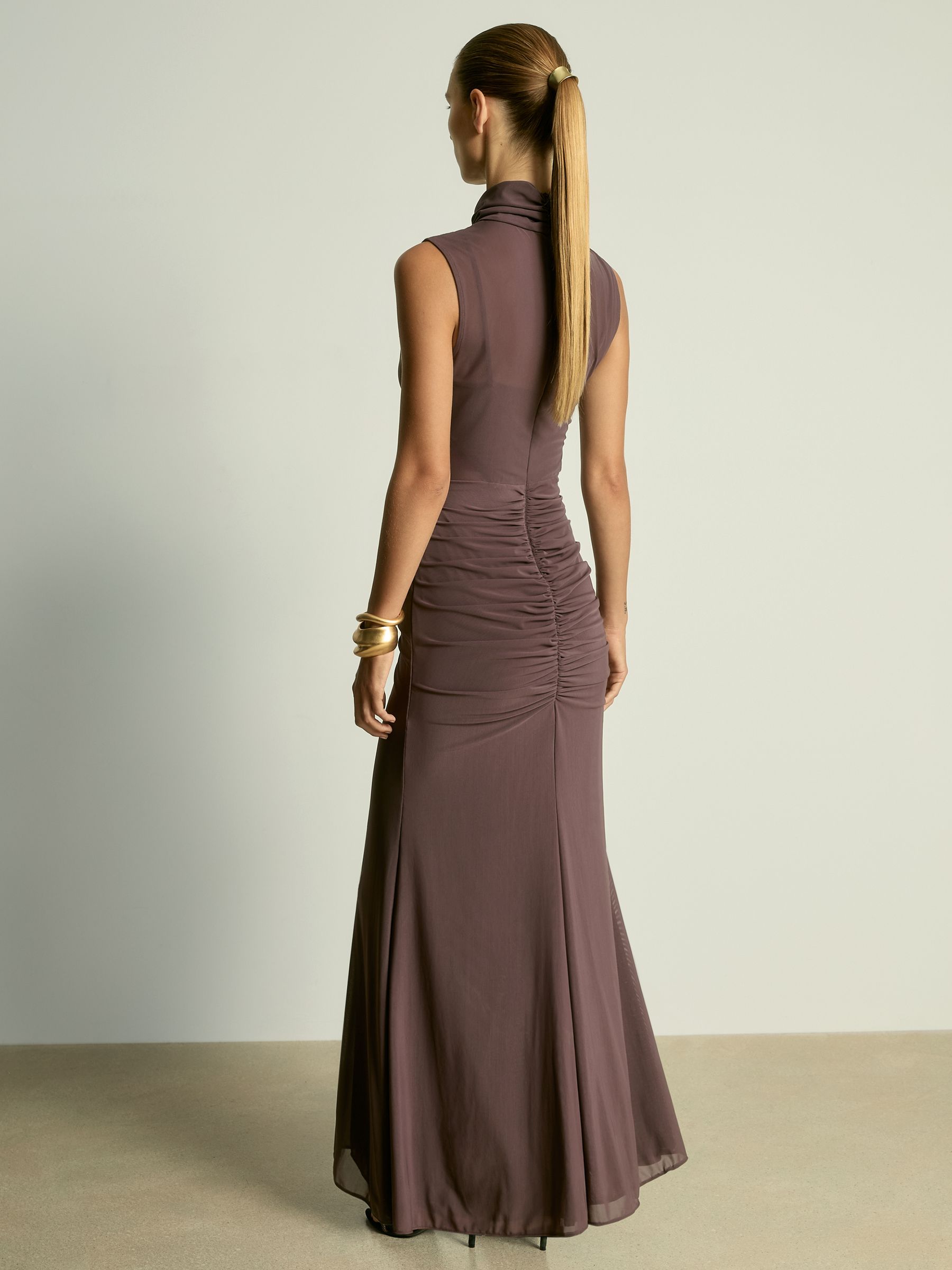 Petite Ruched Sleeveless Maxi Dress in Taupe