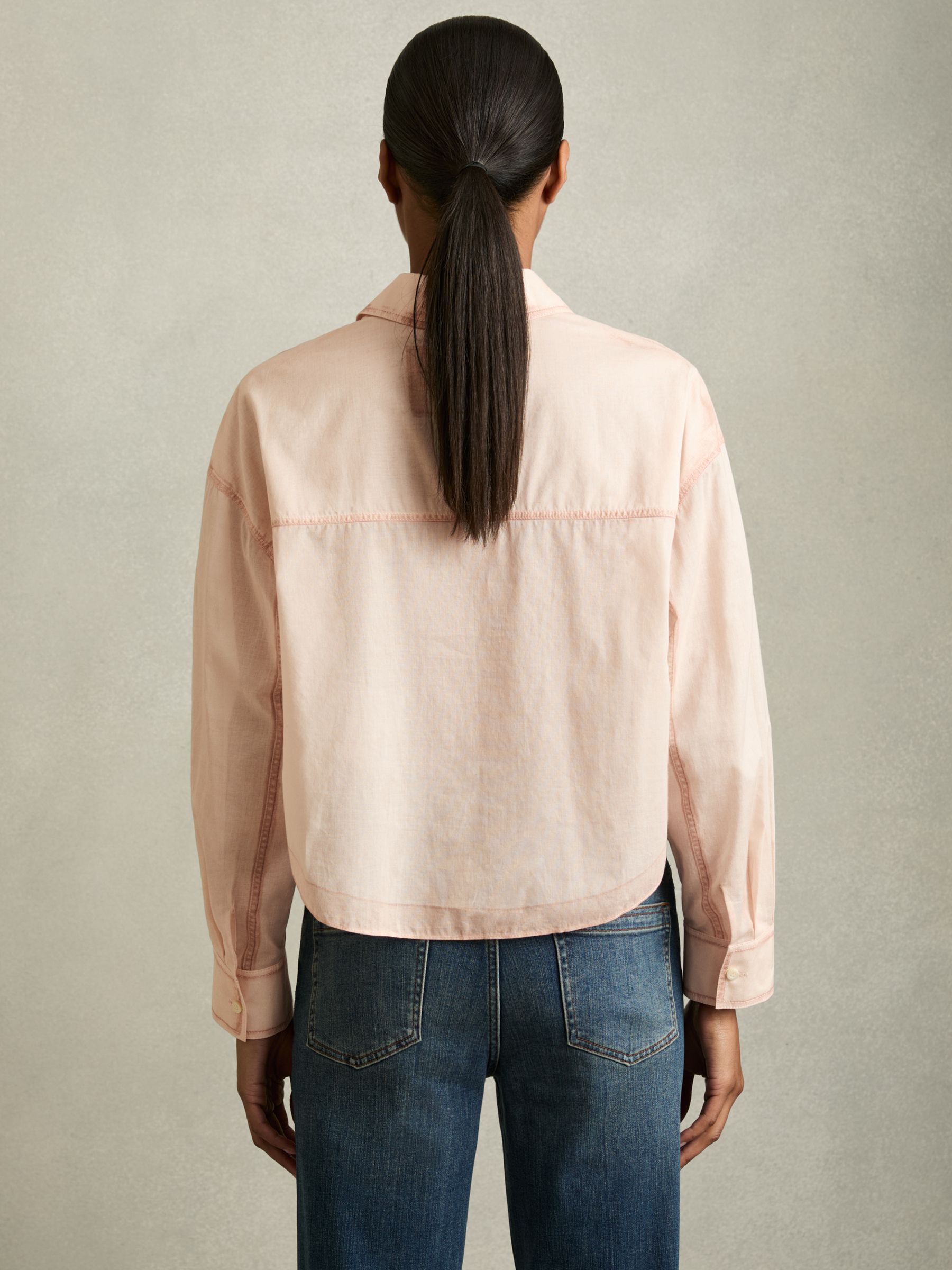 Cotton Denim-Print Cropped Shirt in Pale Pink