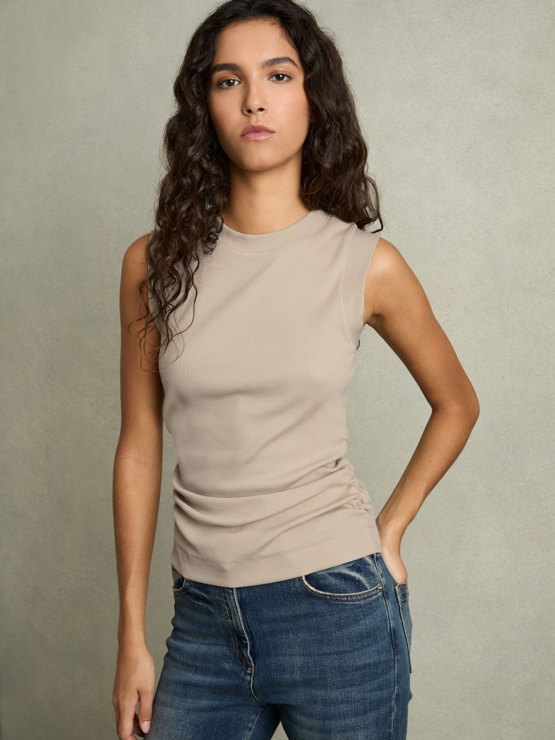 Ribbed Ruched Waist Vest in Light Camel