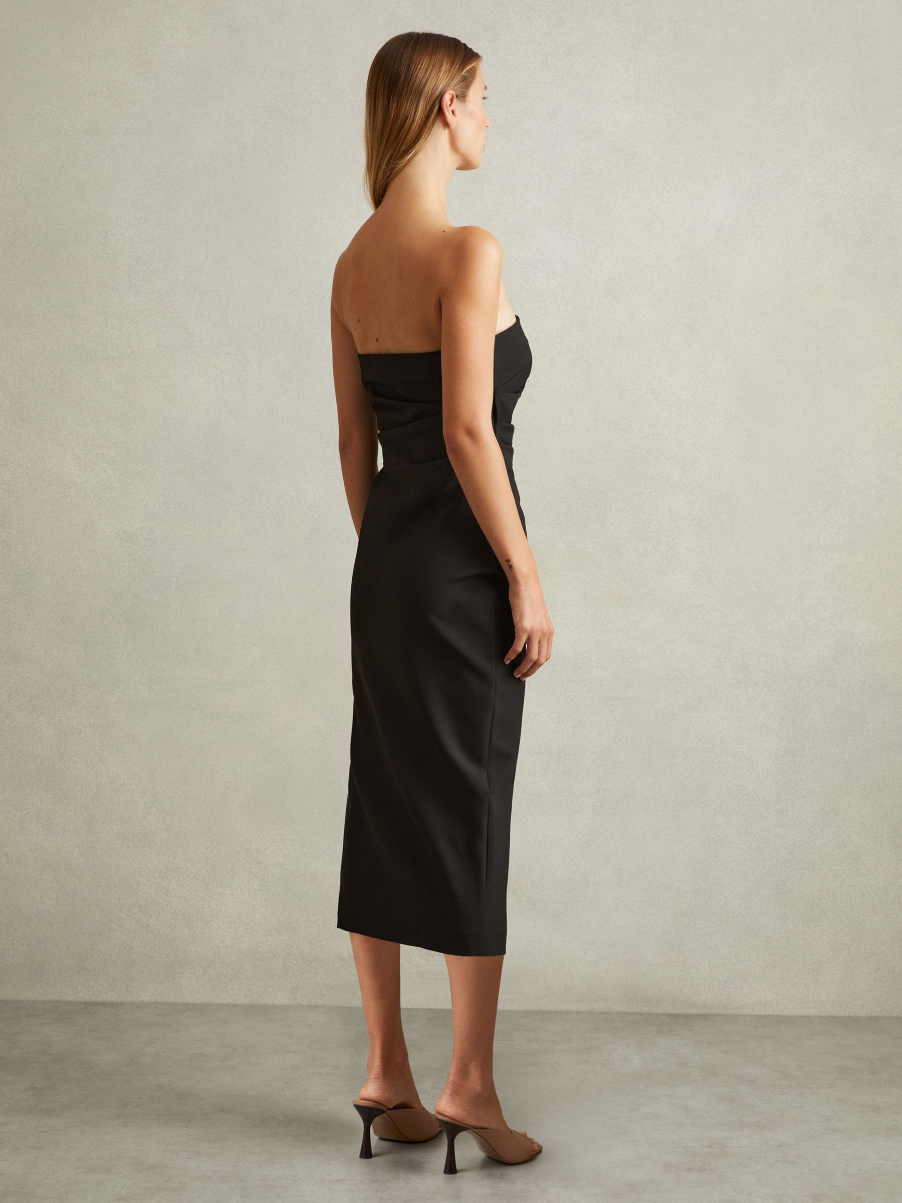 Strapless Pleated Midi Dress in Black