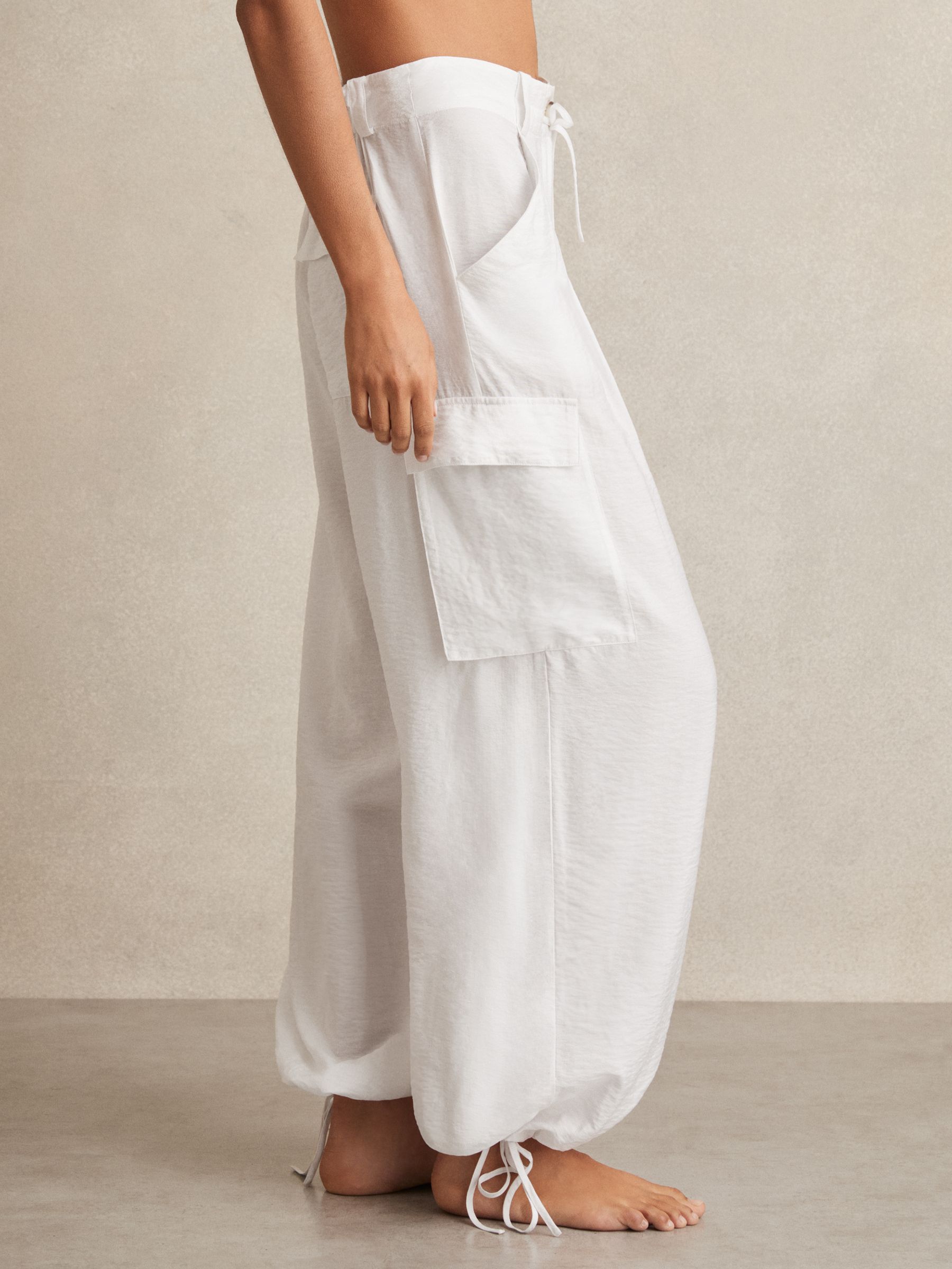Drawstring Tie-Cuff Cargo Trousers in White