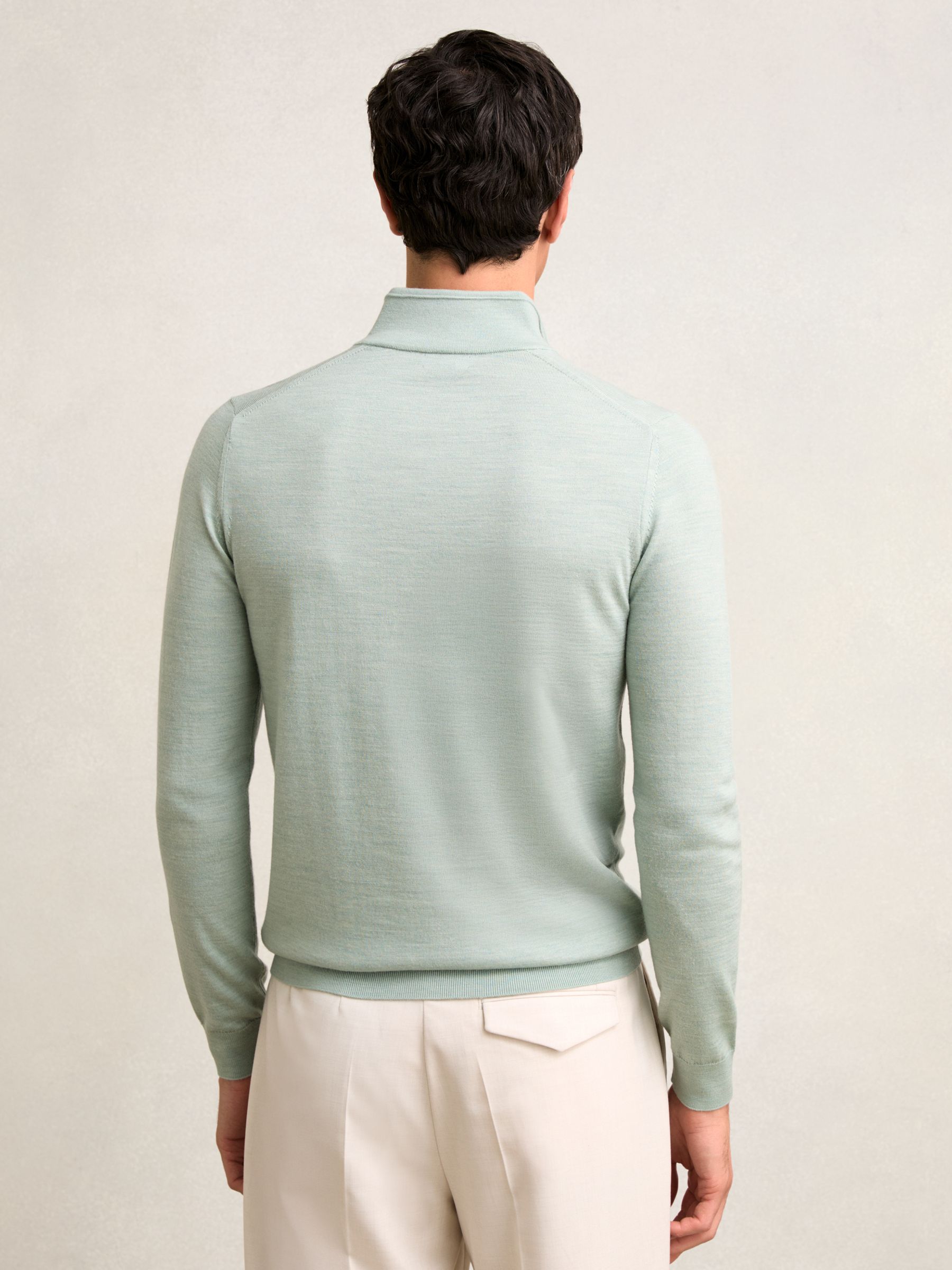 Merino Wool Half-Zip Funnel Neck Jumper in Sage Green Melange