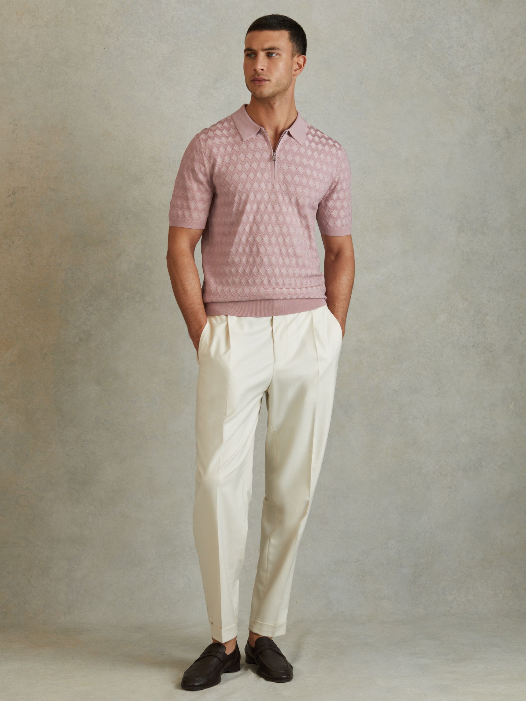 Half-Zip Knitted Polo Shirt in Soft Pink