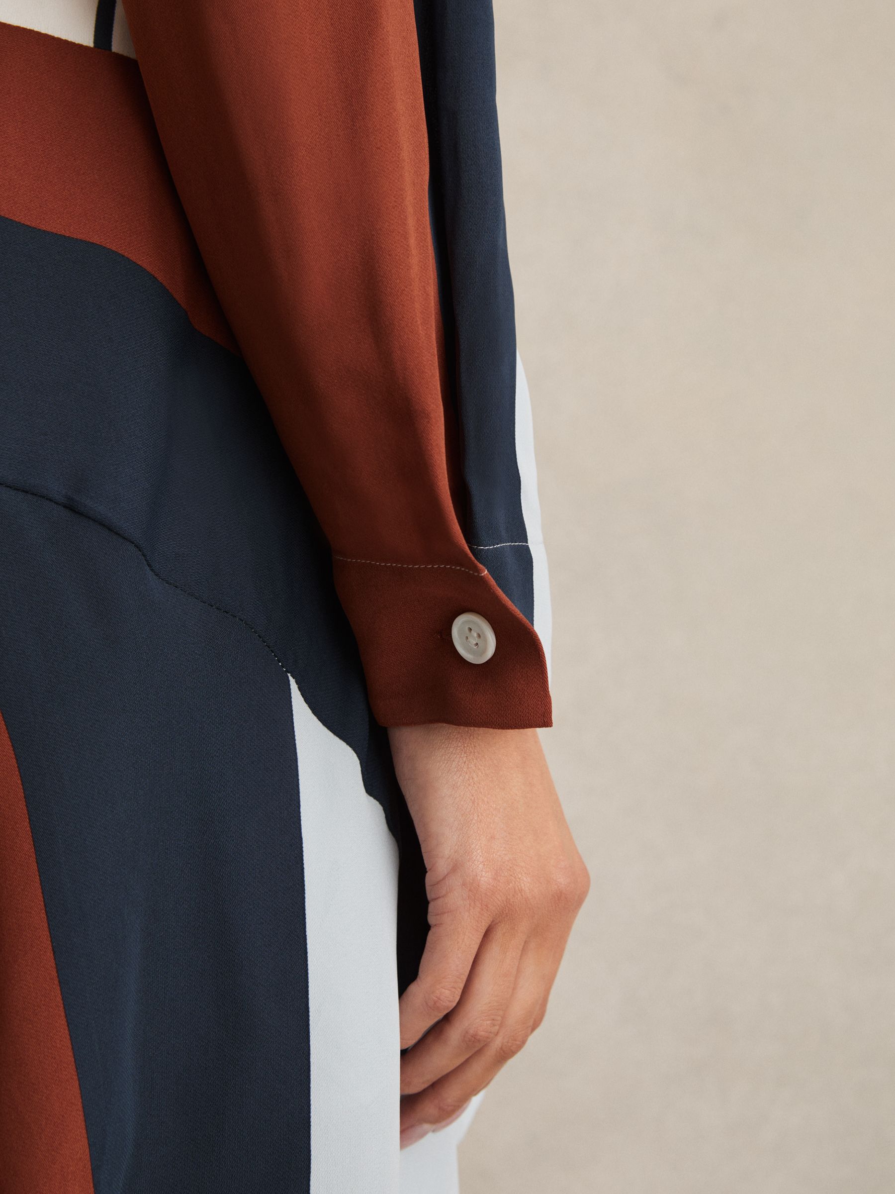 Stripe-Print Wrap Dress in Navy/Brown