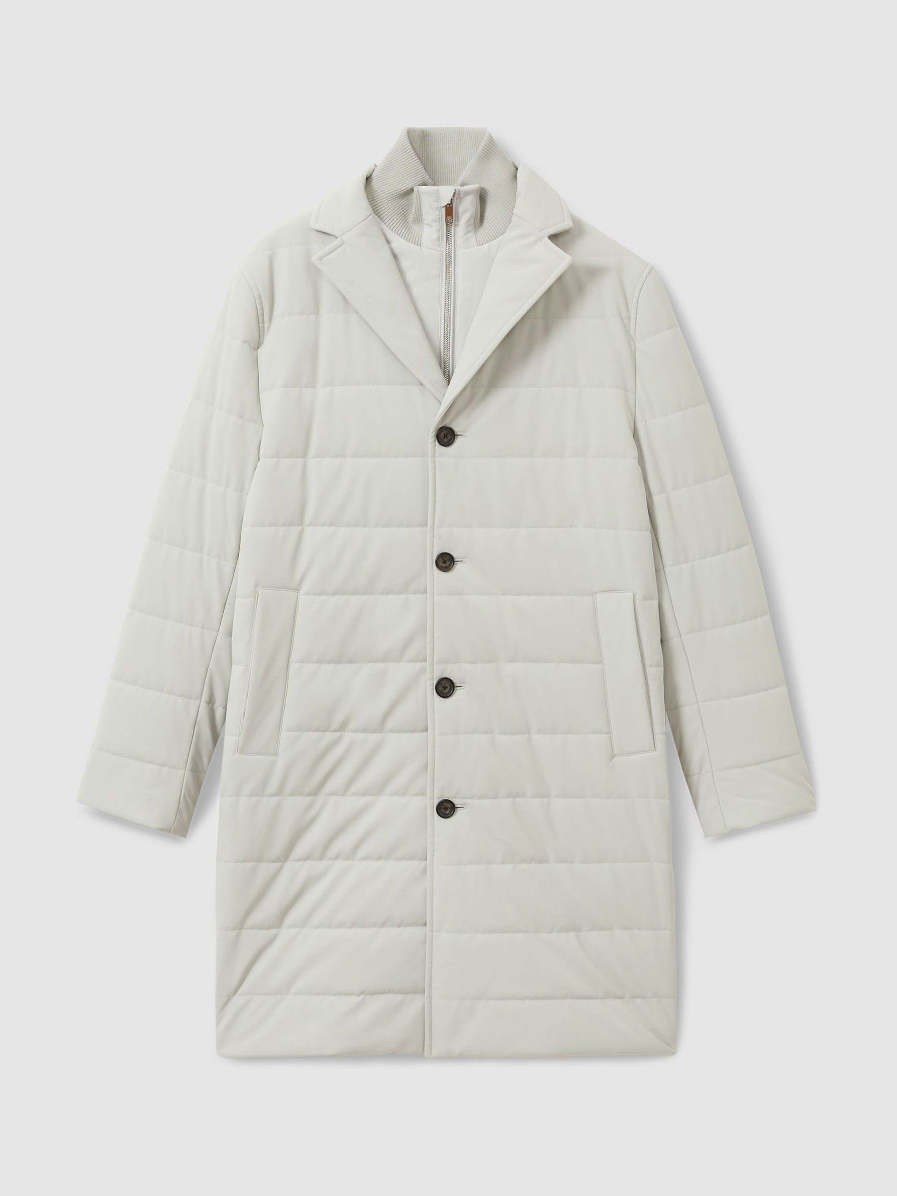 Longline Quilted-Shell Coat with Inner Gilet in Stone
