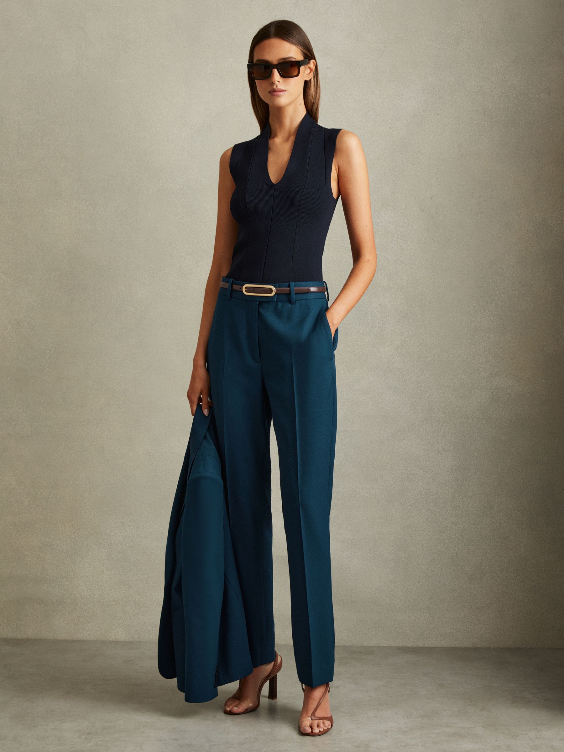 Slim Fit Wool Blend Suit Trousers in Teal