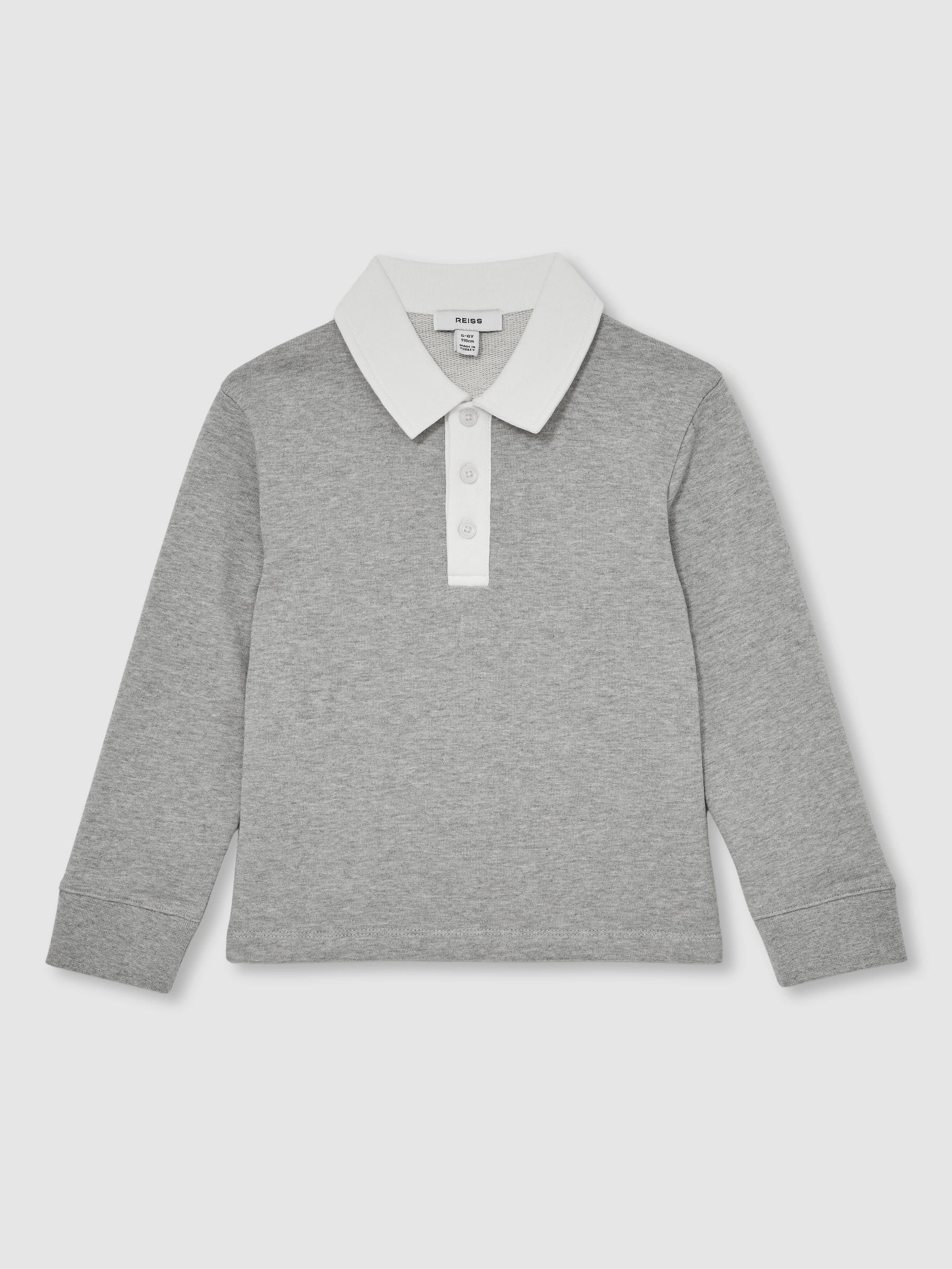 9-13 yrs Cotton Half-Button Rugby Polo Shirt in Grey Marl/White