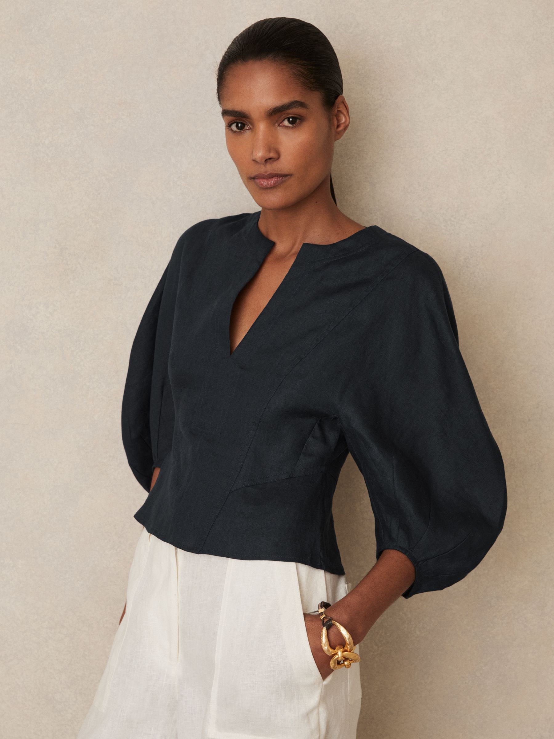 Linen Balloon-Sleeve Top in Navy