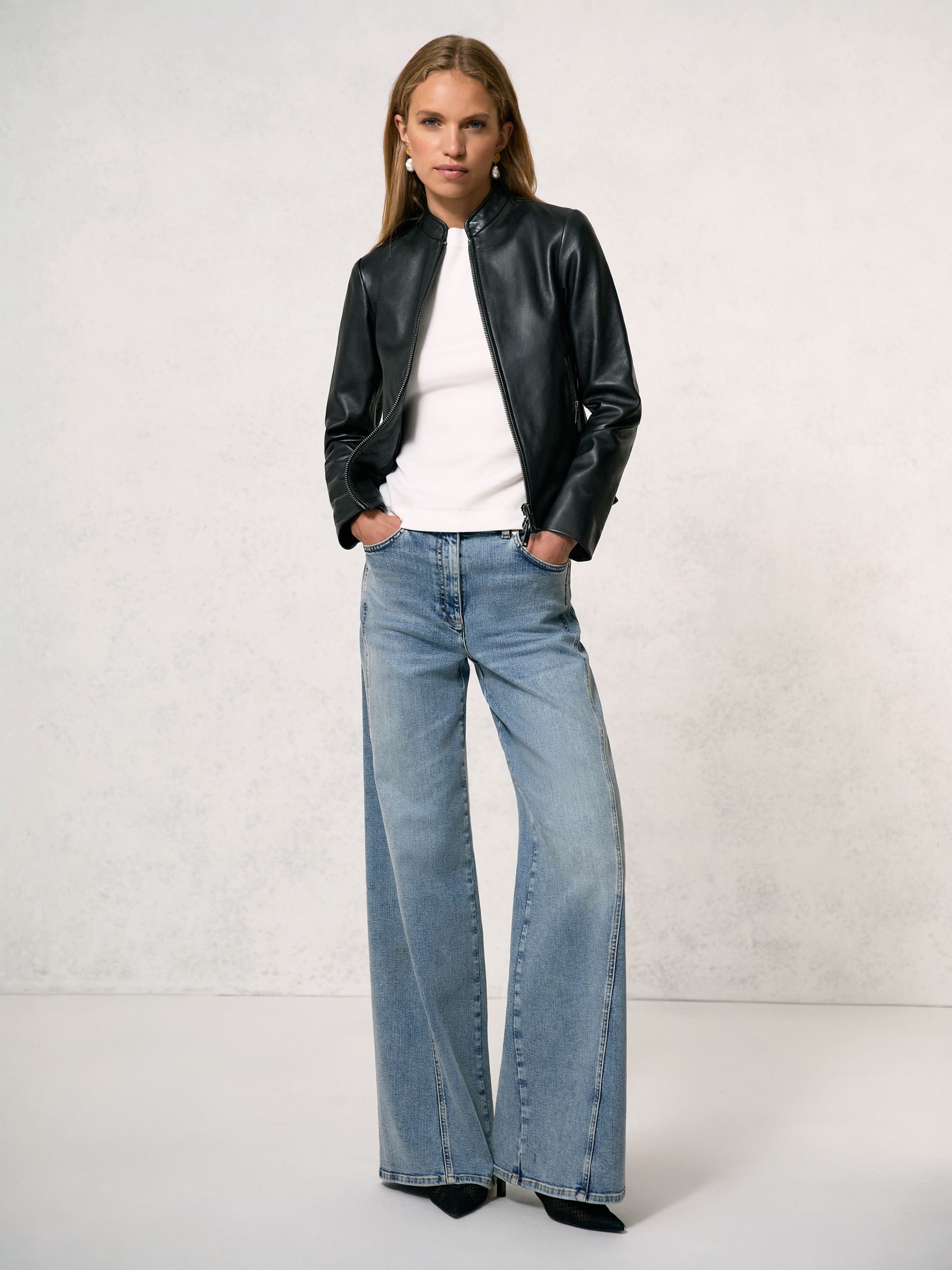 Leather Collarless Biker Jacket in Black