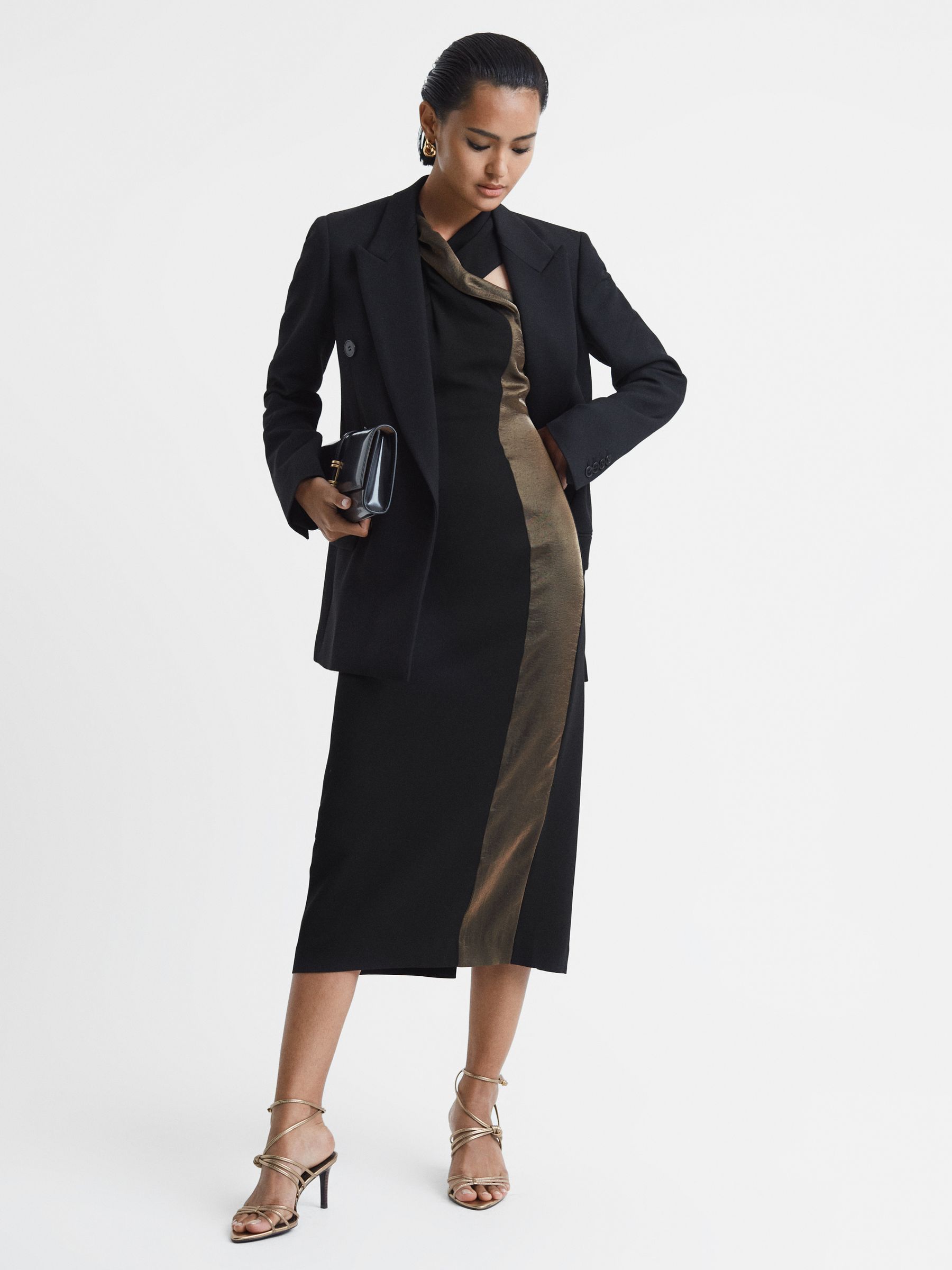 Metallic Stripe Bodycon Midi Dress in Black/Bronze