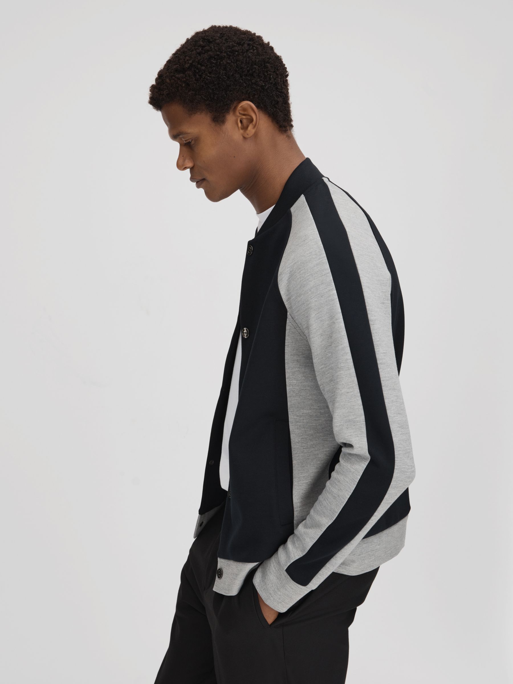 Colourblock Jersey Bomber Jacket in Navy/Grey