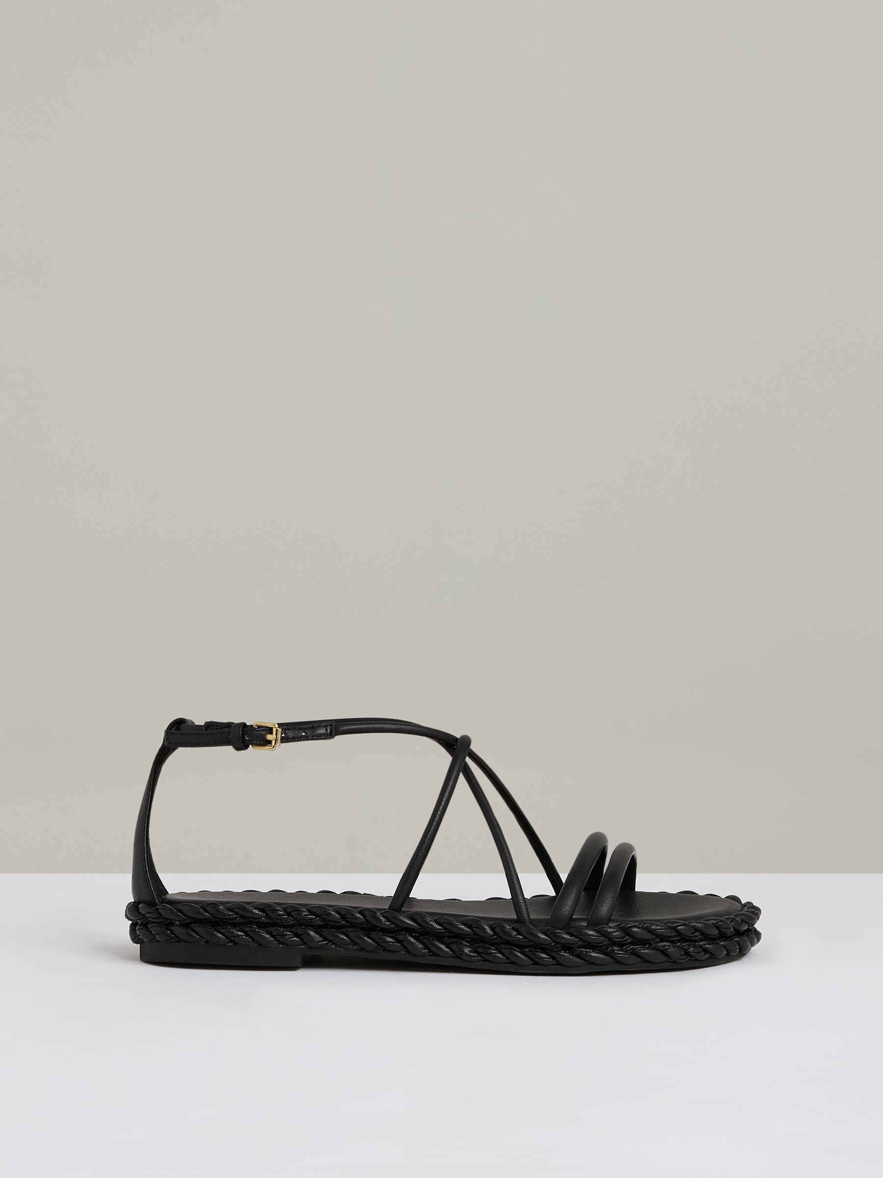 Leather Braided Flat Sandals in Black