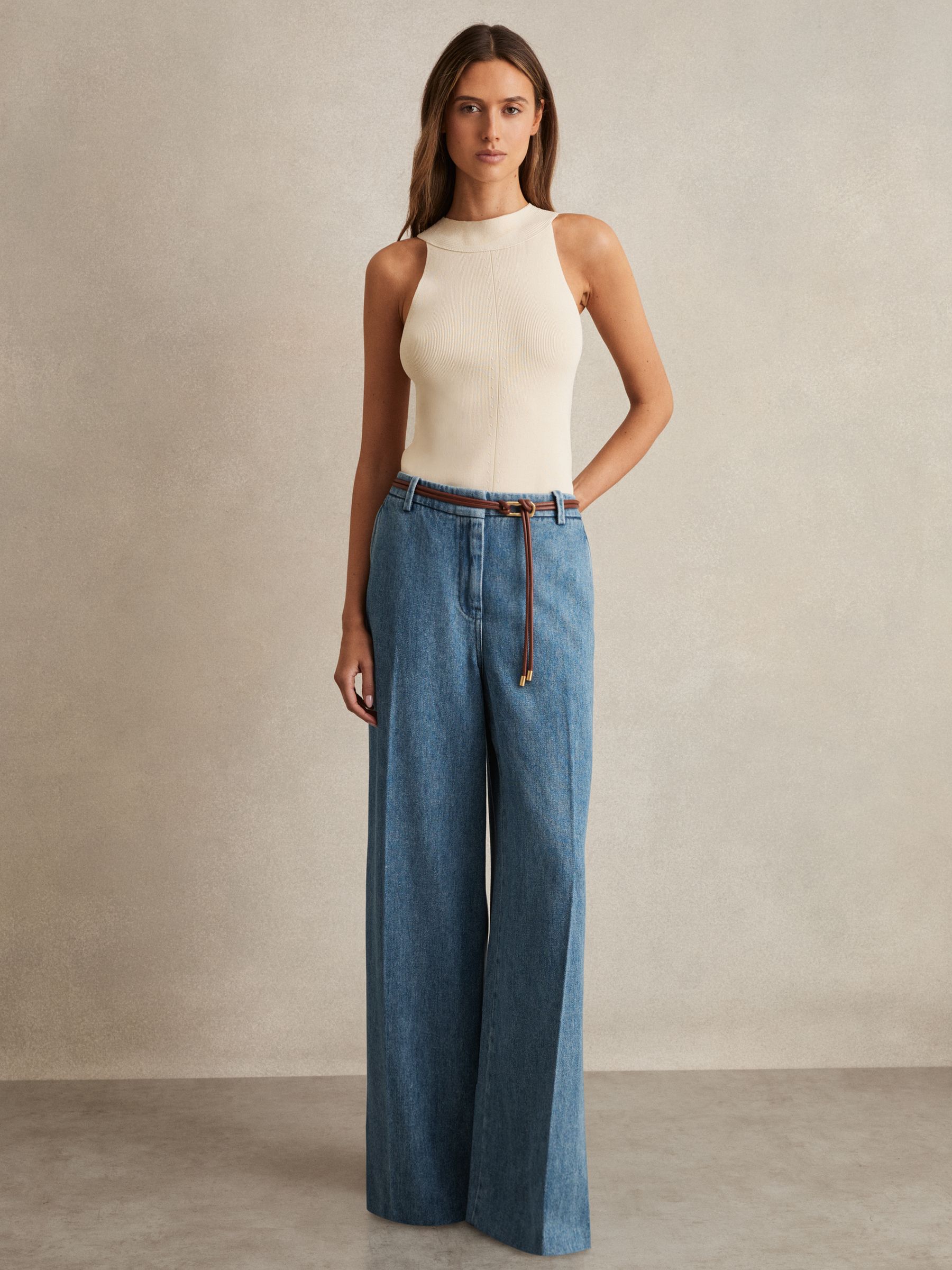 Denim-Look Wide-Leg Trousers in Mid Blue