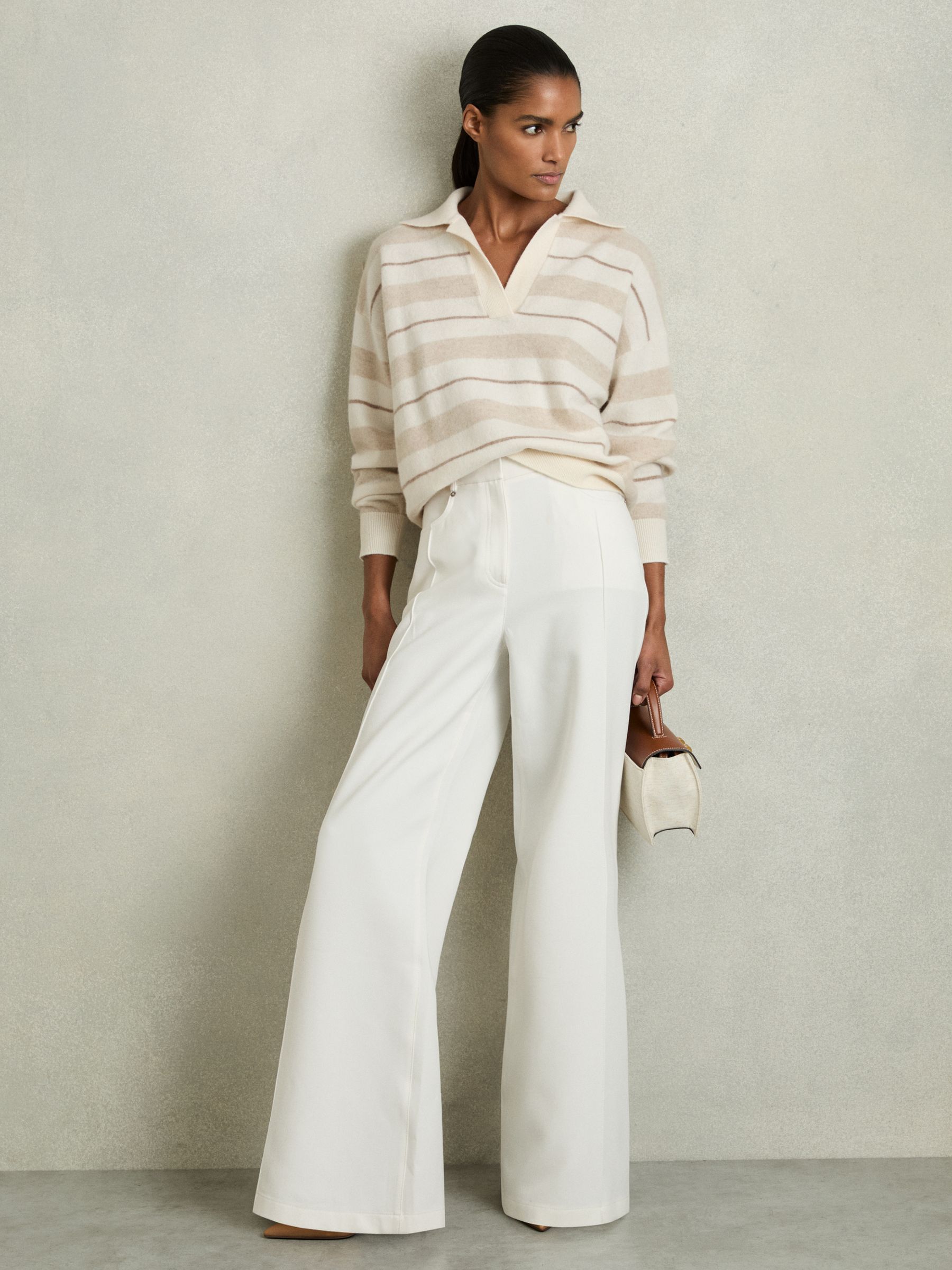 Wool-Cashmere Stripe Open-Collar Jumper in Neutral