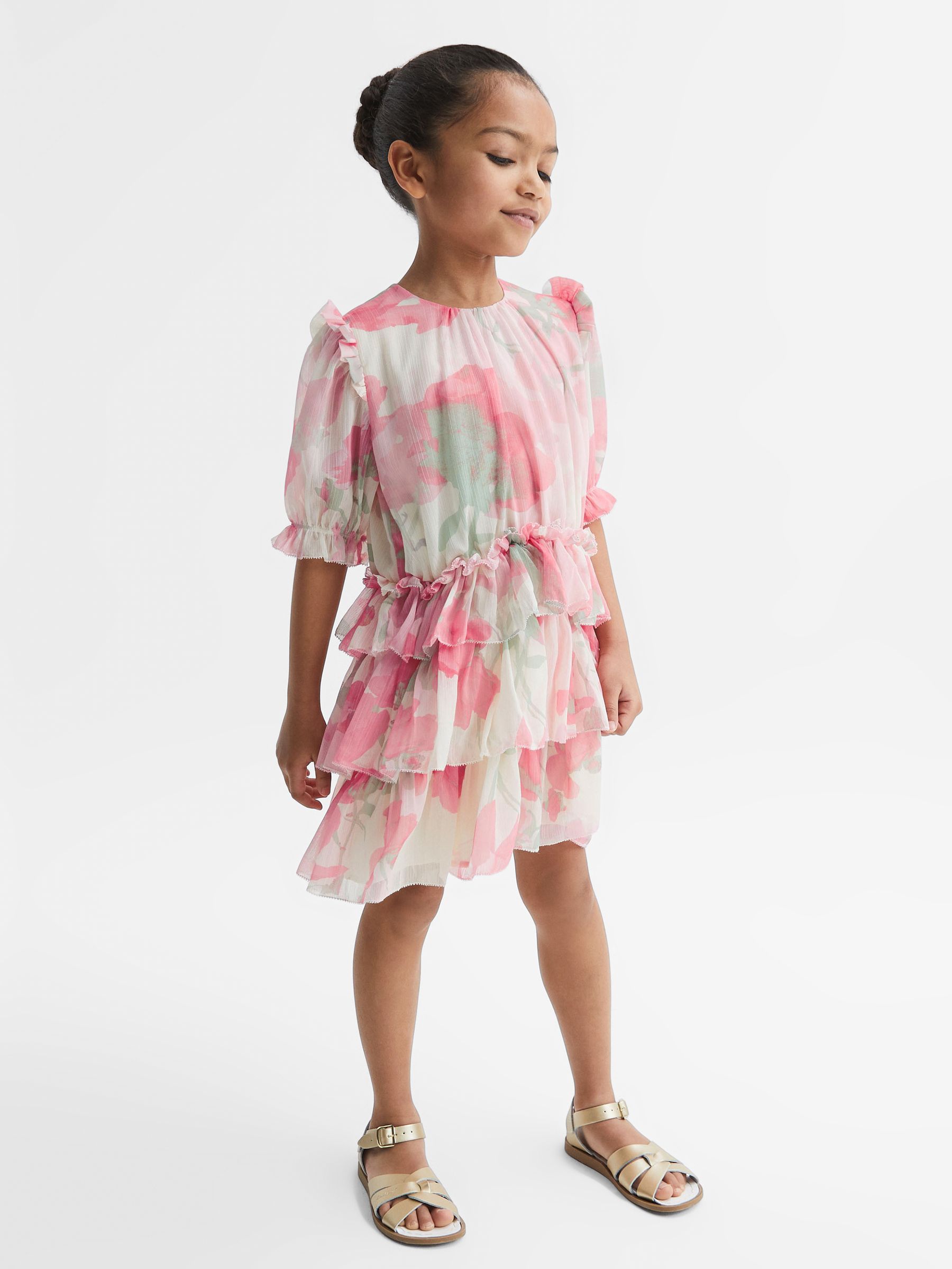 9-12 yrs Printed Tiered Dress in Pink Print